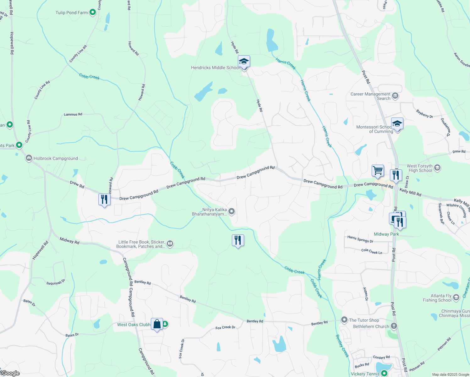 map of restaurants, bars, coffee shops, grocery stores, and more near 4030 Danbury Farms Drive in Cumming