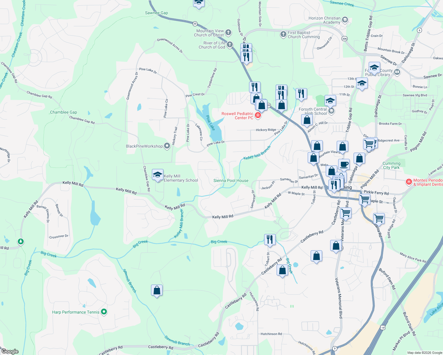 map of restaurants, bars, coffee shops, grocery stores, and more near 930 Sweet Birch Way in Cumming