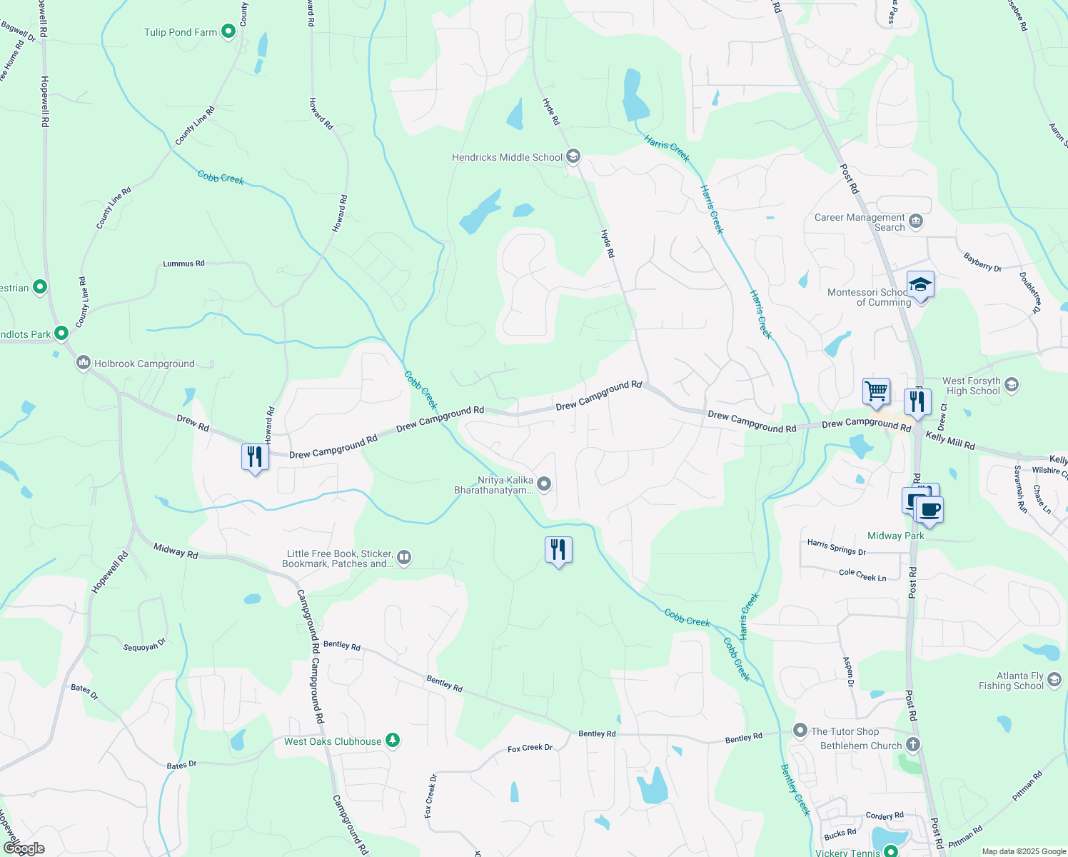 map of restaurants, bars, coffee shops, grocery stores, and more near 4105 Candlewood Lane in Cumming