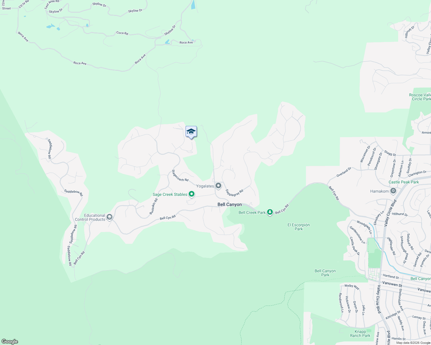 map of restaurants, bars, coffee shops, grocery stores, and more near 2 Bell Canyon Road in Los Angeles