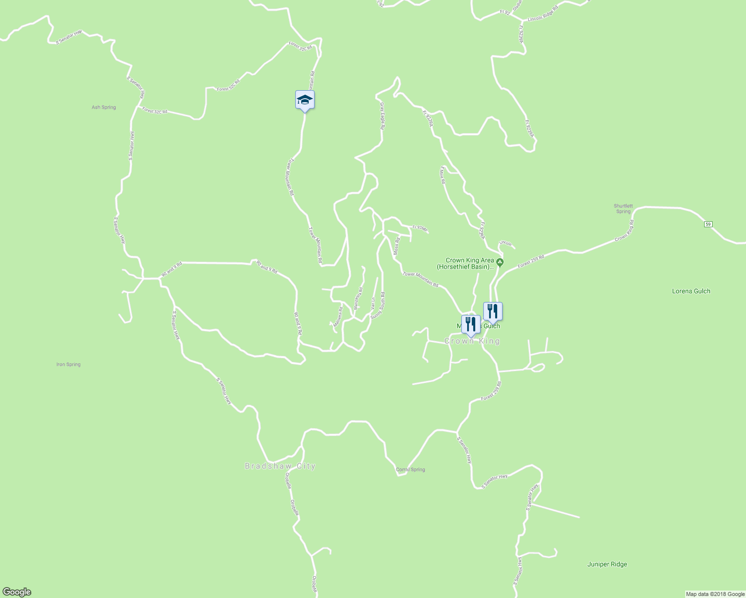 map of restaurants, bars, coffee shops, grocery stores, and more near Van Lane in Crown King