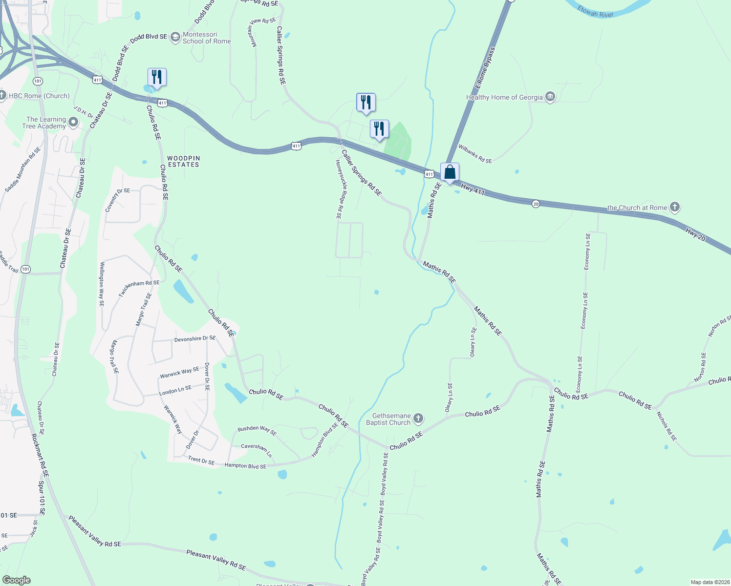map of restaurants, bars, coffee shops, grocery stores, and more near 6 Shirley Lane Southeast in Rome