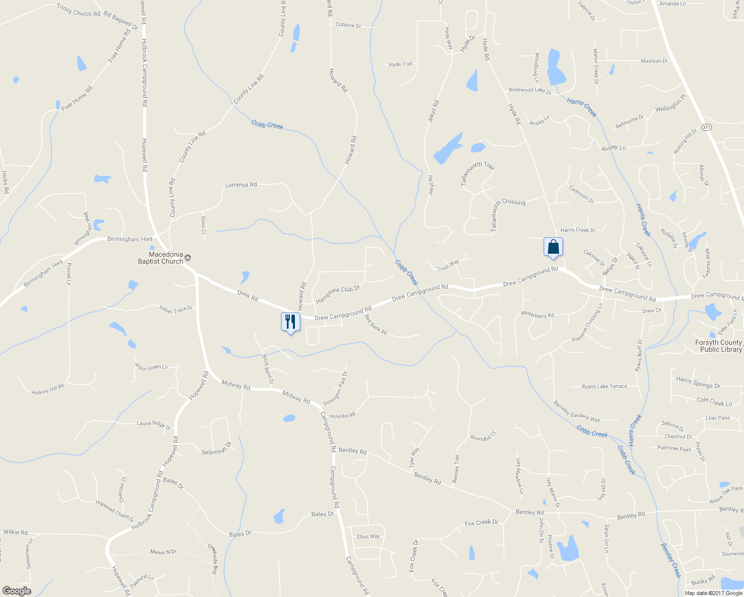 map of restaurants, bars, coffee shops, grocery stores, and more near 4354 Drew Campground Road in Alpharetta