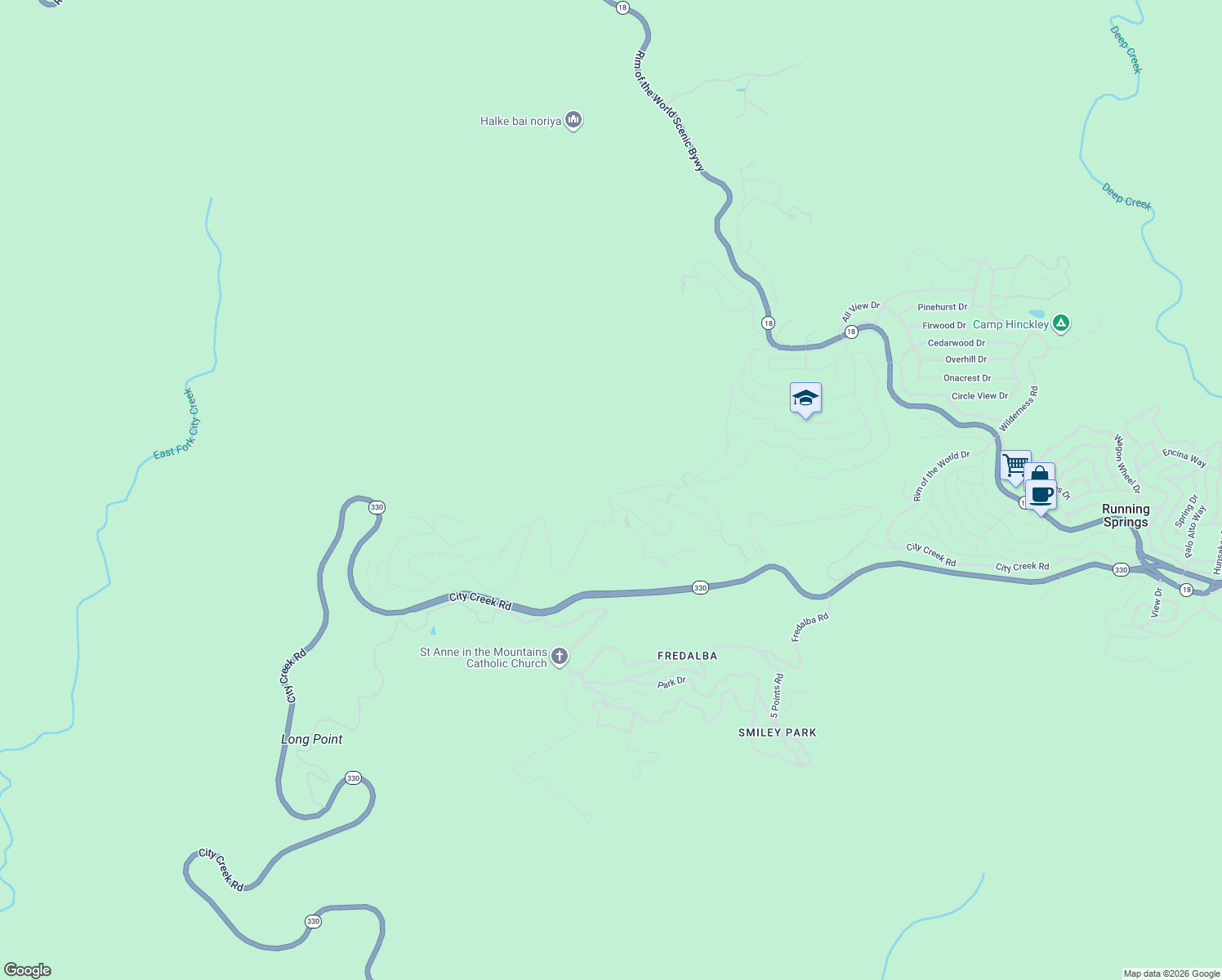 map of restaurants, bars, coffee shops, grocery stores, and more near 30580 Live Oak Drive in Running Springs
