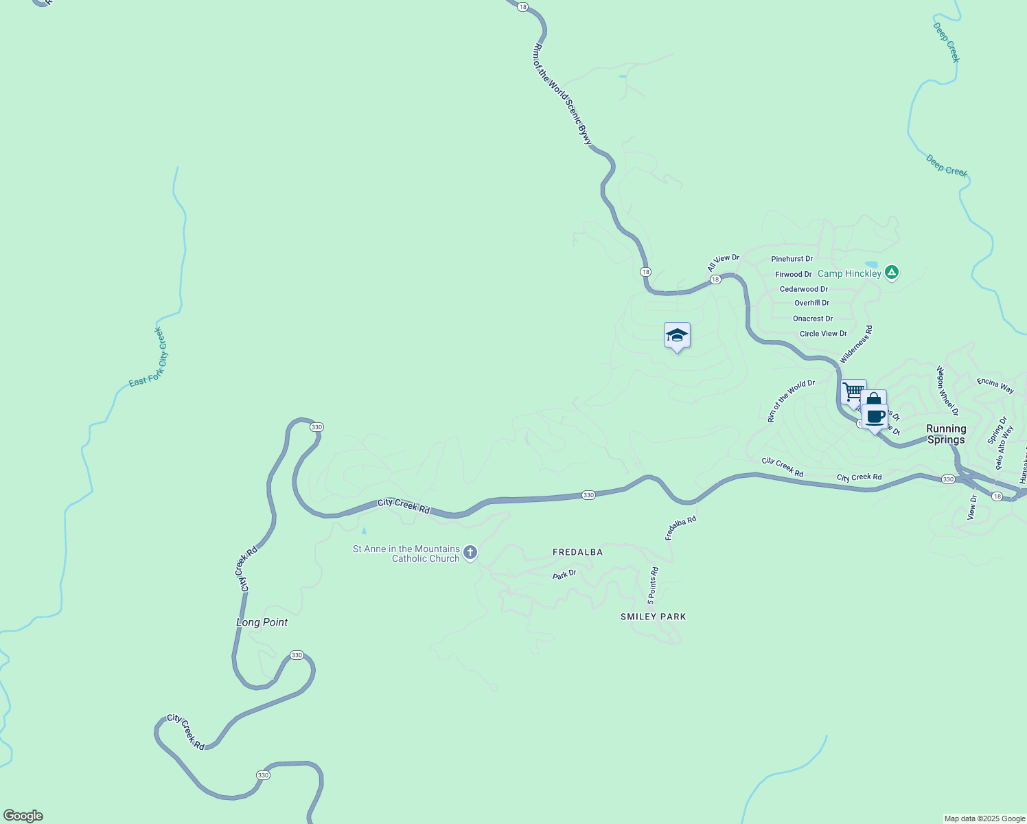 map of restaurants, bars, coffee shops, grocery stores, and more near 30580 Live Oak Drive in Running Springs