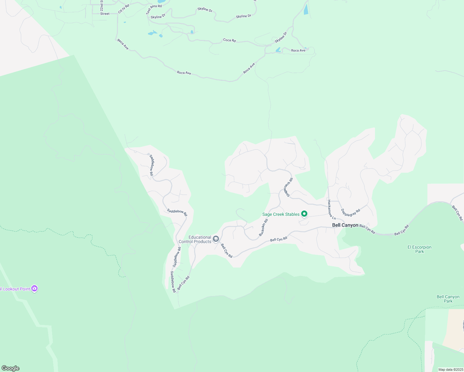 map of restaurants, bars, coffee shops, grocery stores, and more near 68 Ranchero Road in Bell Canyon