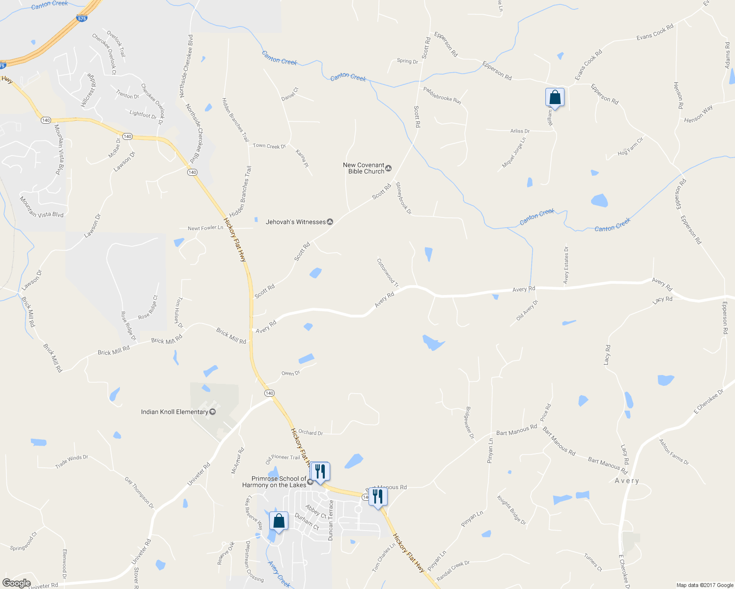 map of restaurants, bars, coffee shops, grocery stores, and more near 669 Avery Road in Canton