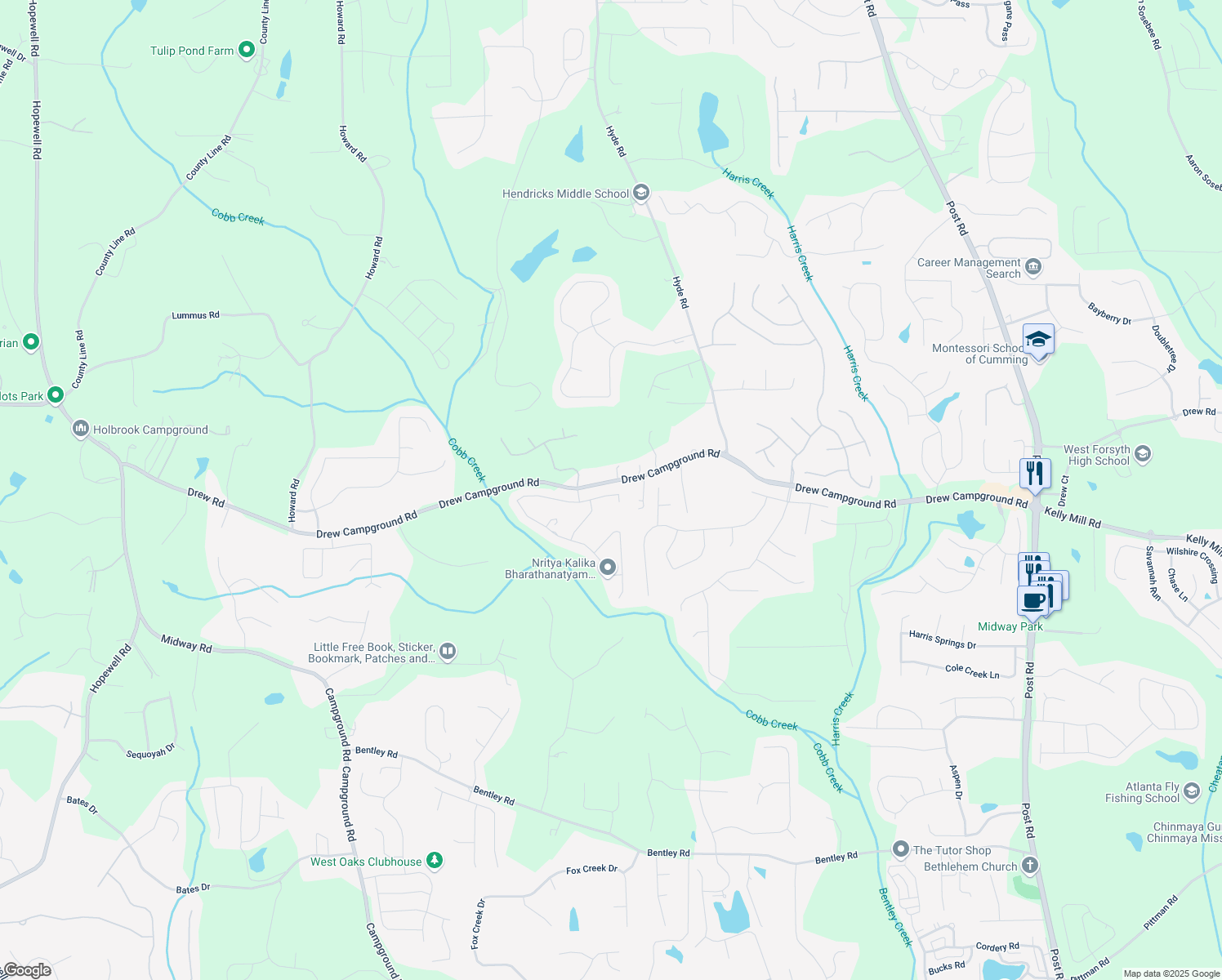 map of restaurants, bars, coffee shops, grocery stores, and more near 4050 Danbury Farms Drive in Cumming
