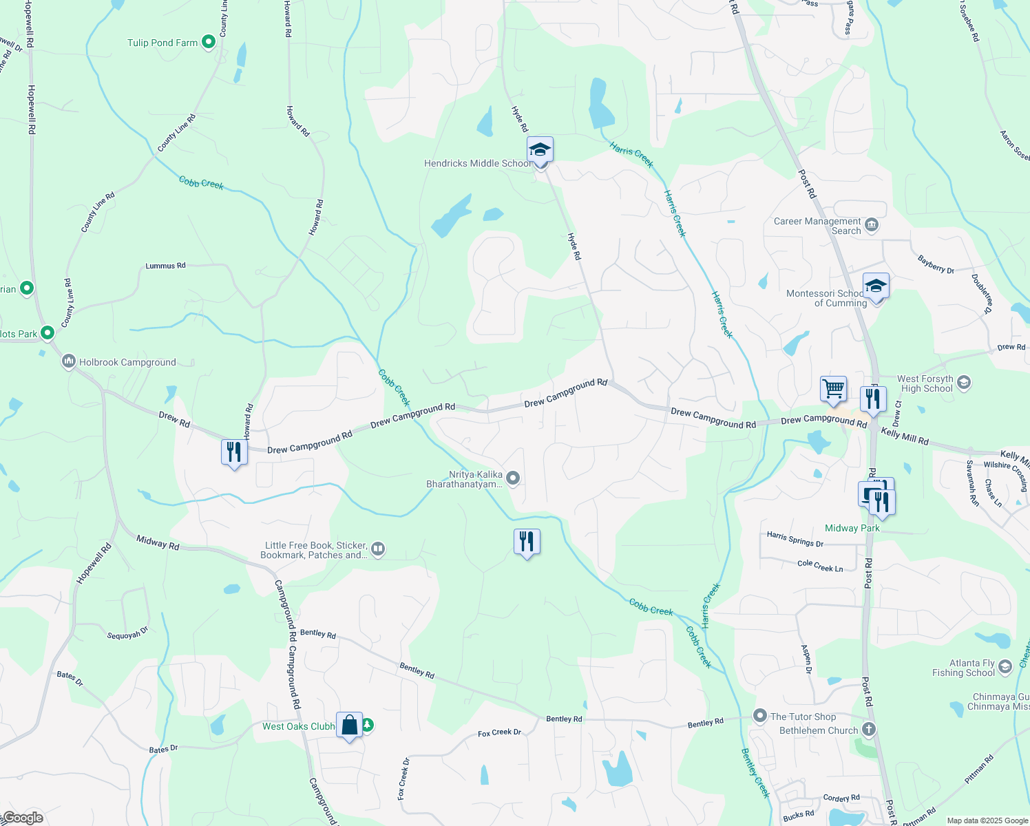 map of restaurants, bars, coffee shops, grocery stores, and more near 4050 Danbury Farms Drive in Cumming