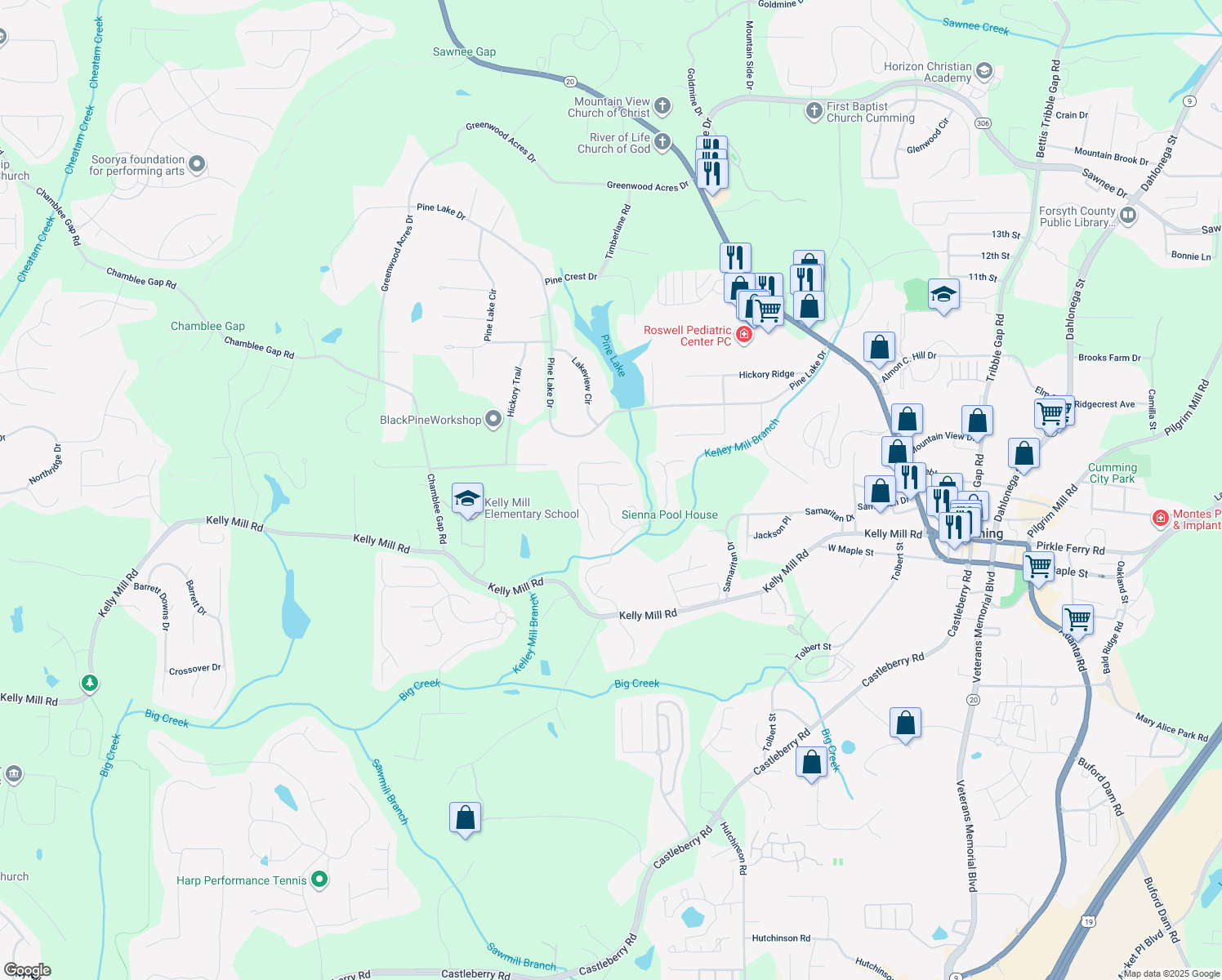 map of restaurants, bars, coffee shops, grocery stores, and more near 975 Garden Crossing Lane in Cumming