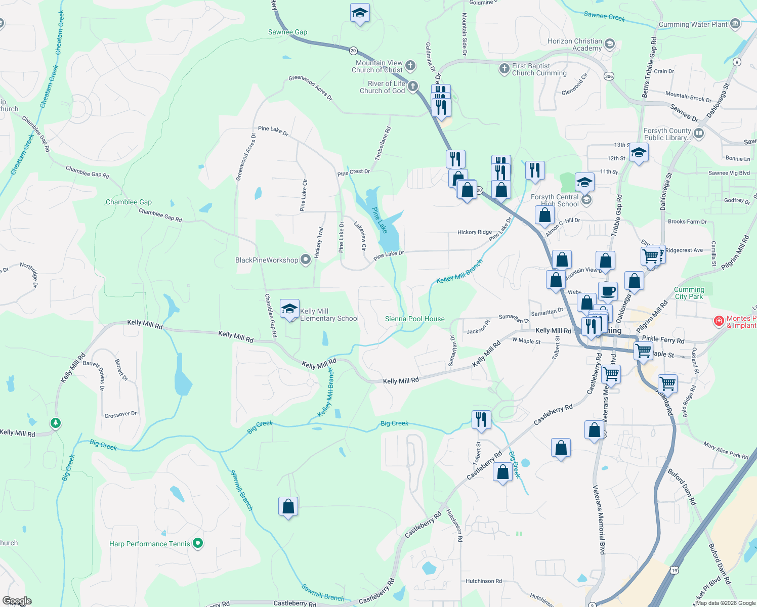 map of restaurants, bars, coffee shops, grocery stores, and more near 955 Garden Crossing Lane in Cumming