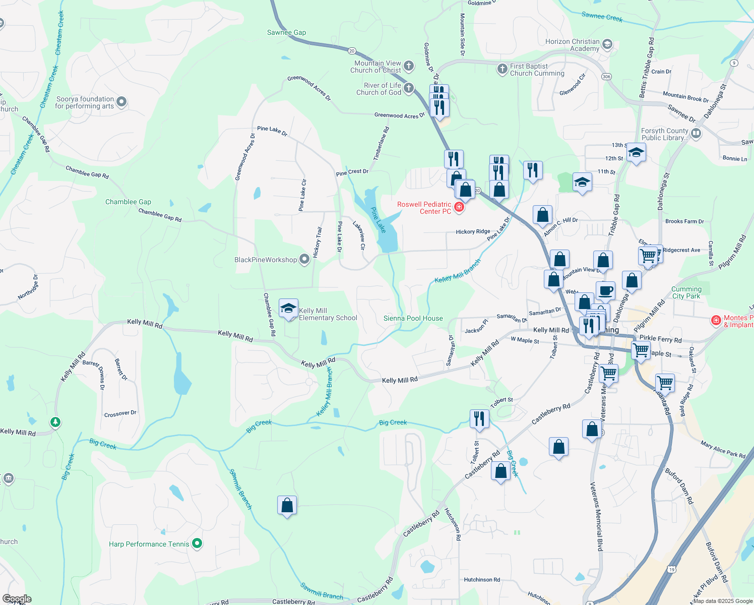 map of restaurants, bars, coffee shops, grocery stores, and more near 975 Garden Crossing Lane in Cumming