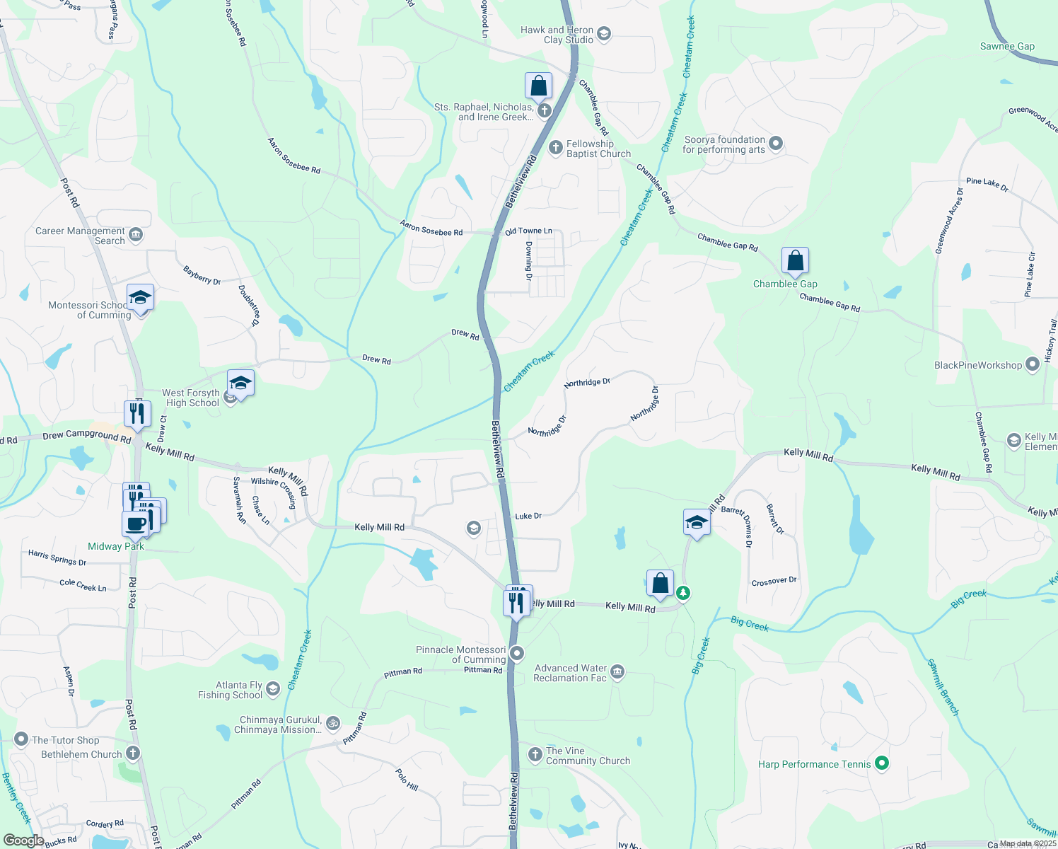 map of restaurants, bars, coffee shops, grocery stores, and more near 3915 Northridge Drive in Cumming