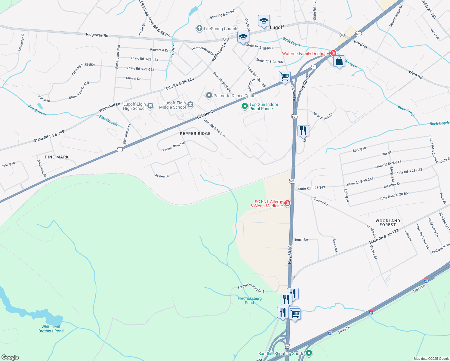 map of restaurants, bars, coffee shops, grocery stores, and more near 214 Caledonia Court in Lugoff