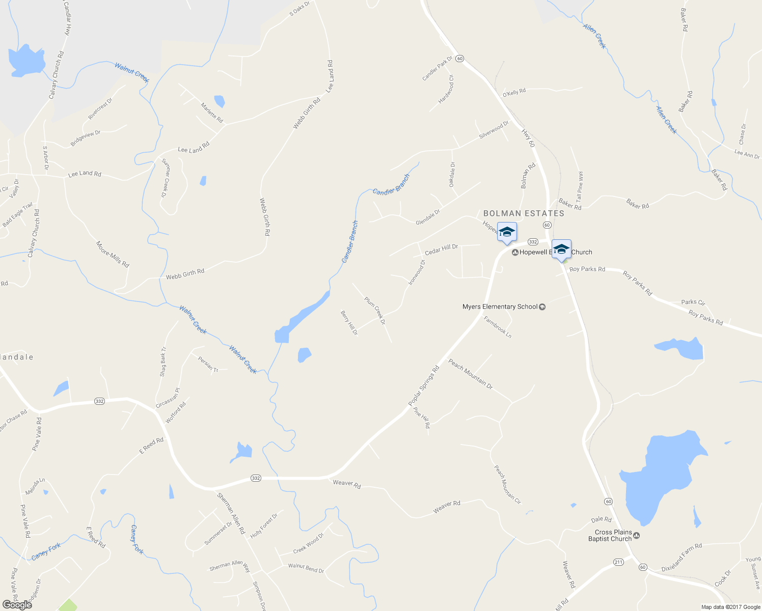 map of restaurants, bars, coffee shops, grocery stores, and more near 7237 Plum Creek Drive in Gainesville