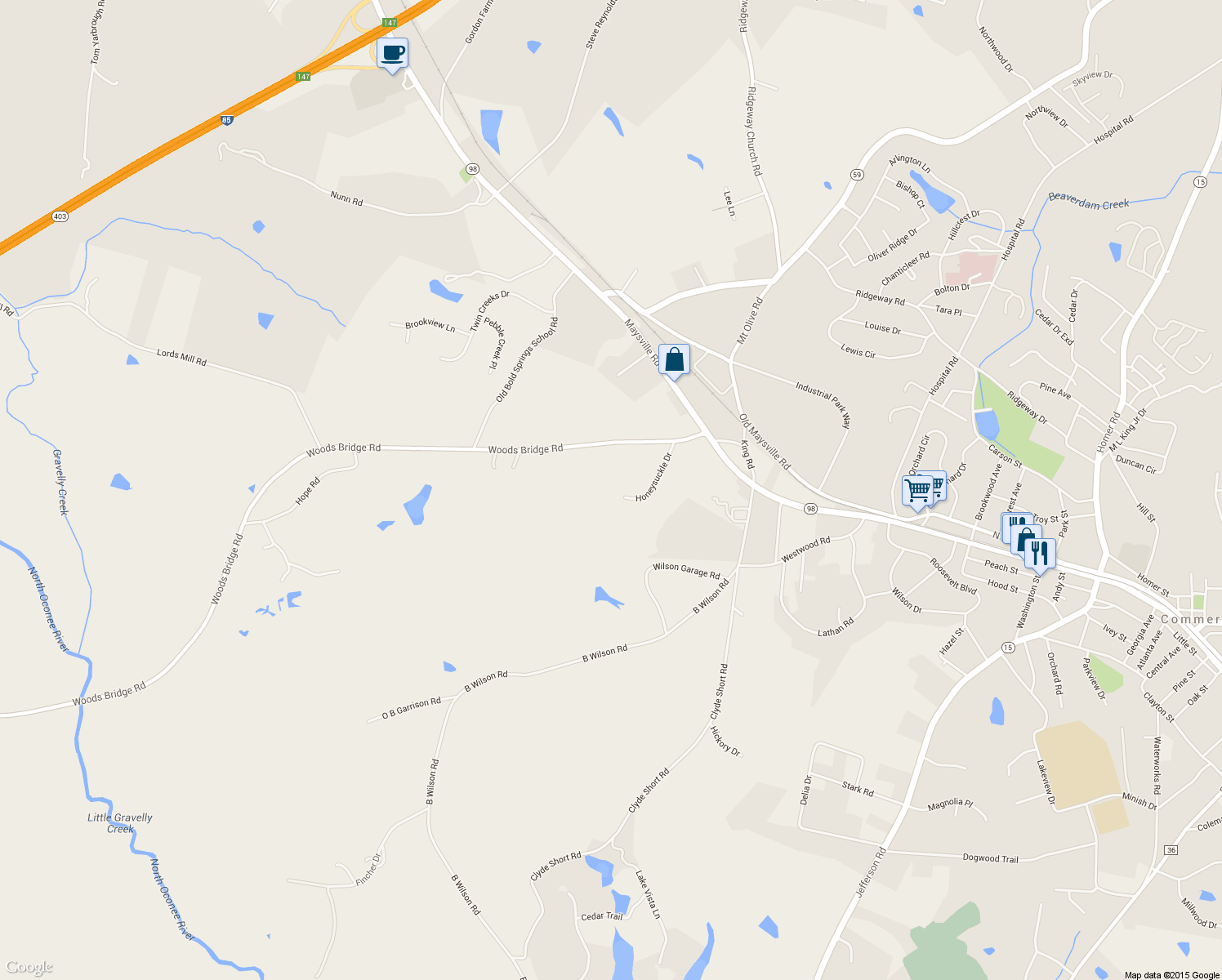 map of restaurants, bars, coffee shops, grocery stores, and more near 282 Honeysuckle Dr in Commerce