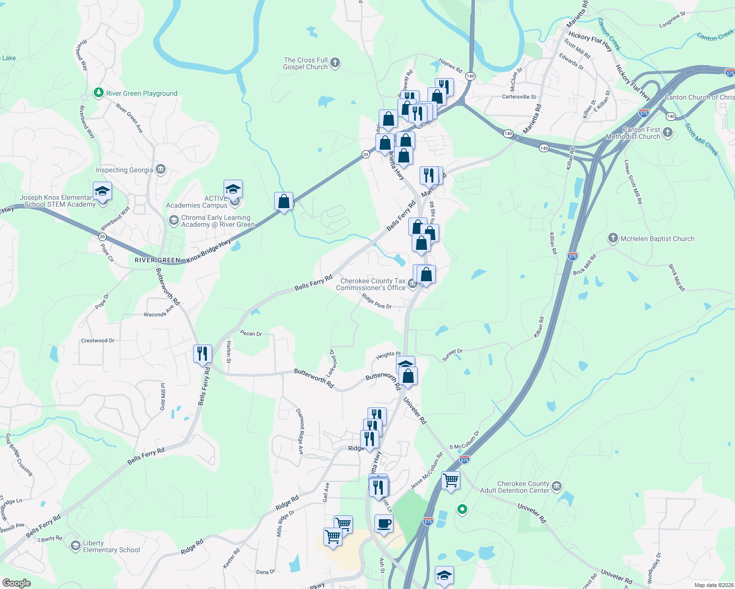 map of restaurants, bars, coffee shops, grocery stores, and more near 366 Ridge Pine Drive in Canton