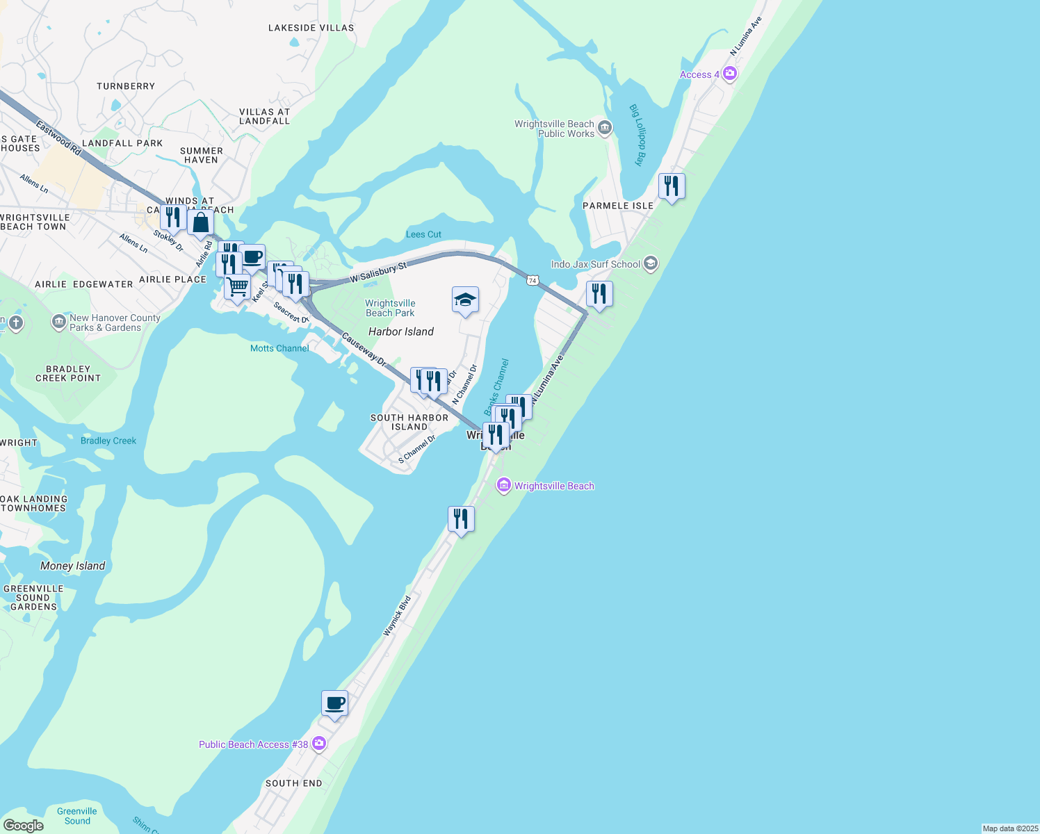 map of restaurants, bars, coffee shops, grocery stores, and more near 101 North Lumina Avenue in Wrightsville Beach