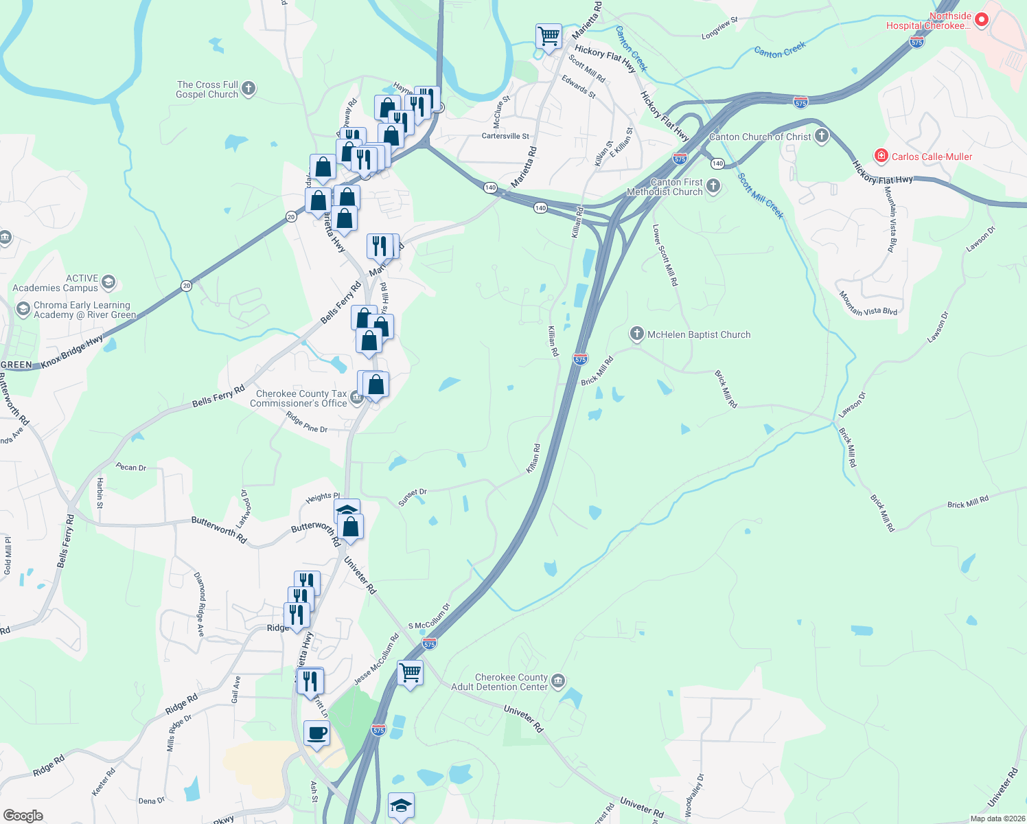 map of restaurants, bars, coffee shops, grocery stores, and more near 297 Hilton Way in Canton