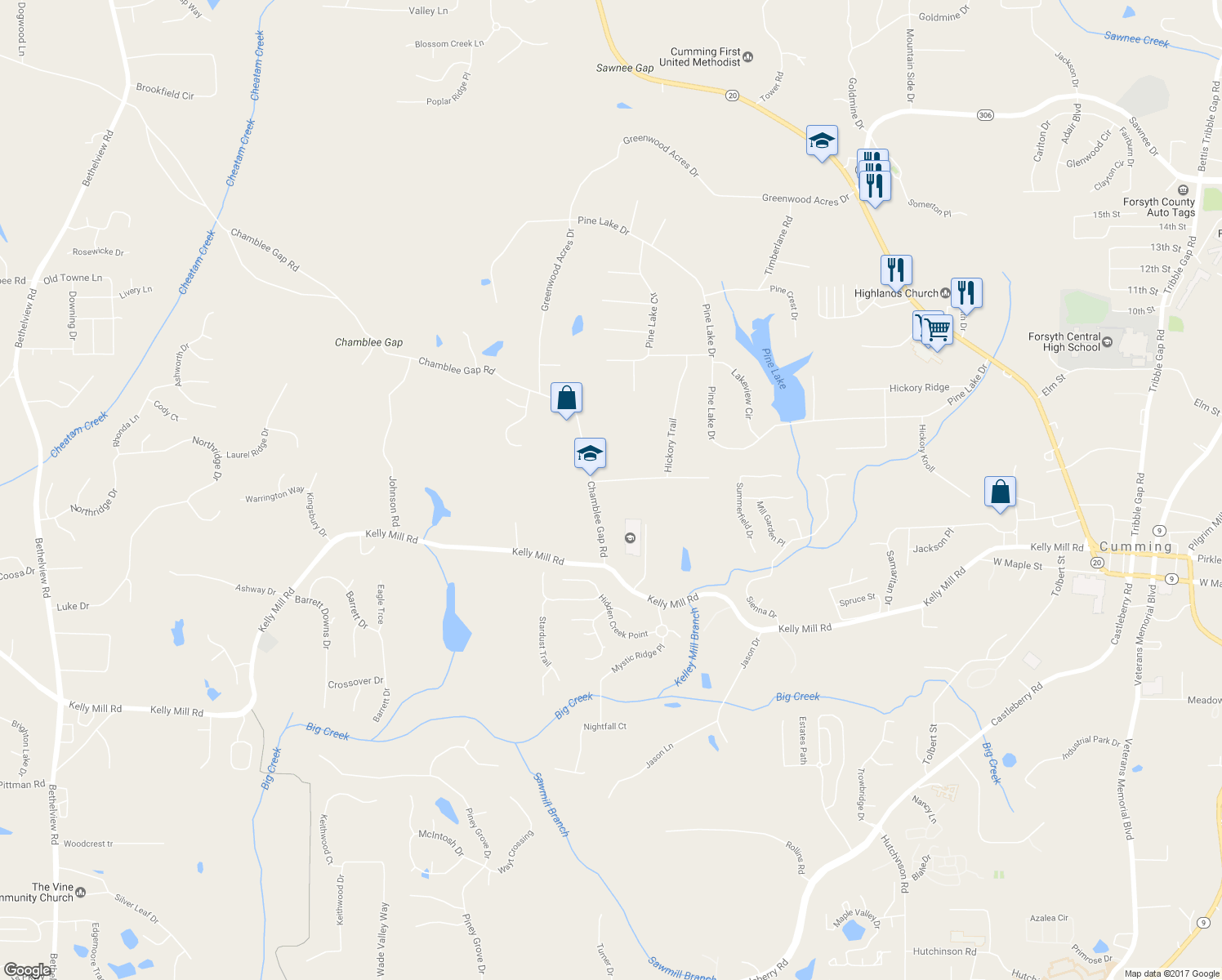 map of restaurants, bars, coffee shops, grocery stores, and more near 133 Hickory Trail in Cumming