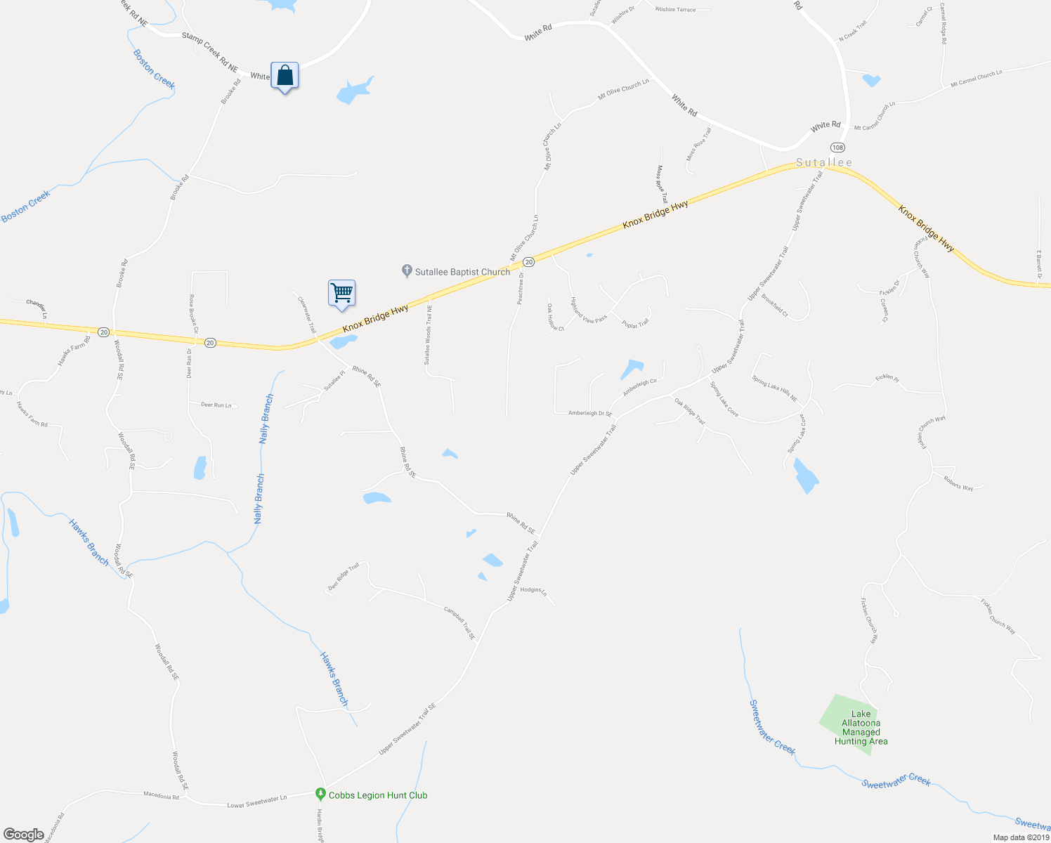 map of restaurants, bars, coffee shops, grocery stores, and more near 623 Peachtree Drive in White
