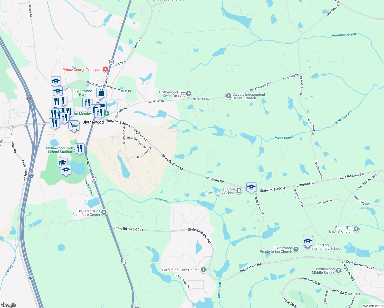 map of restaurants, bars, coffee shops, grocery stores, and more near 411 Langford Road in Blythewood