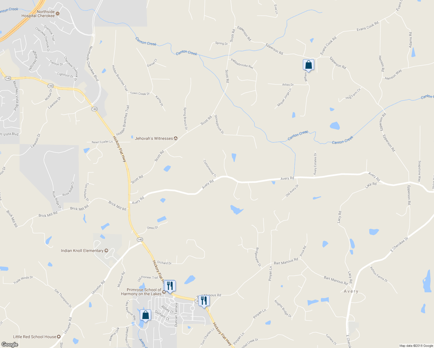 map of restaurants, bars, coffee shops, grocery stores, and more near 100 Cottonwood Tr in Canton