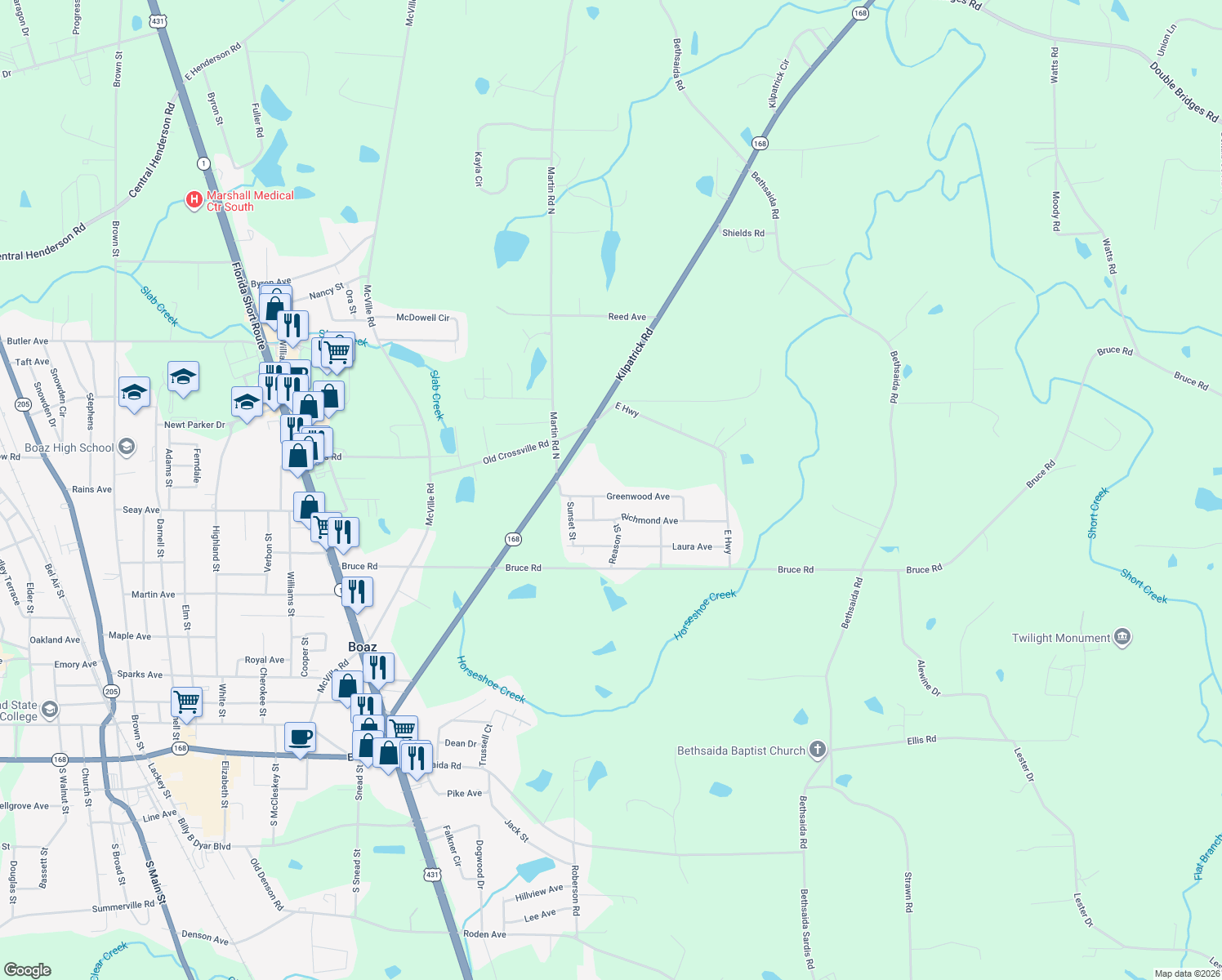 map of restaurants, bars, coffee shops, grocery stores, and more near 288 Greenwood Ave in Boaz