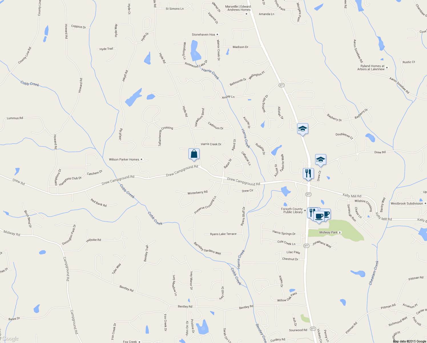 map of restaurants, bars, coffee shops, grocery stores, and more near 4030 Yakutia Pl in Cumming