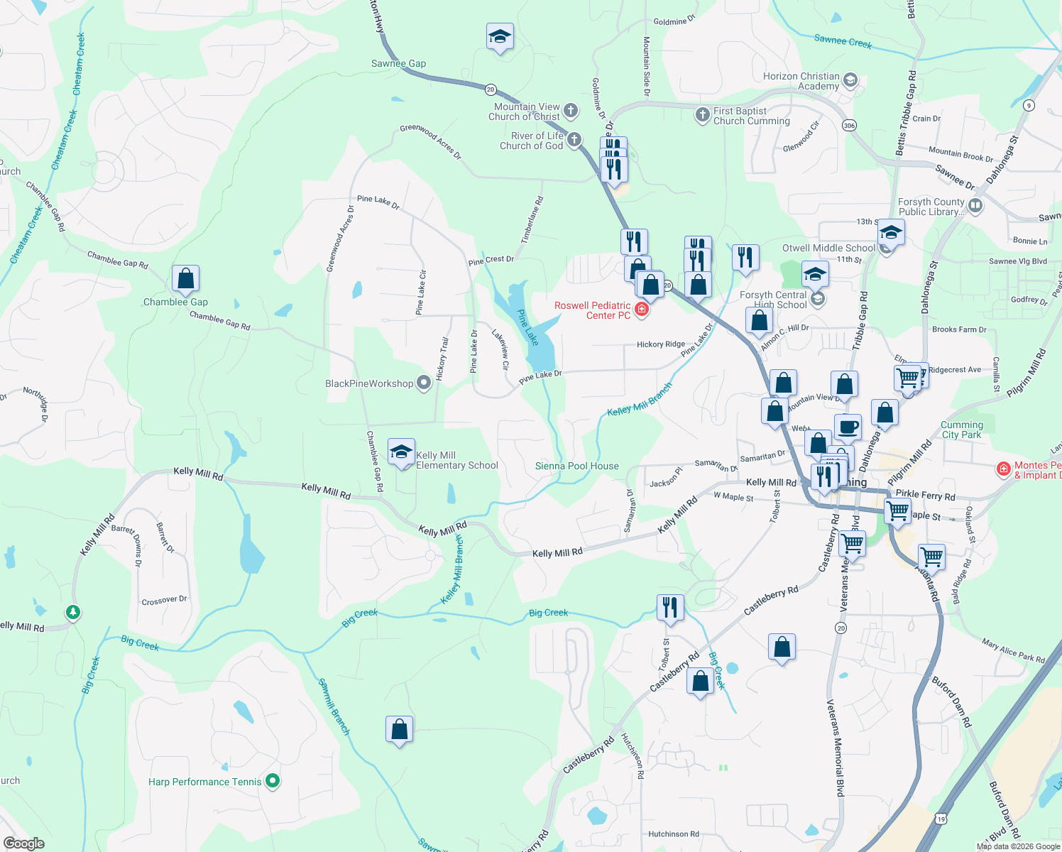 map of restaurants, bars, coffee shops, grocery stores, and more near 945 Summerfield Drive in Cumming