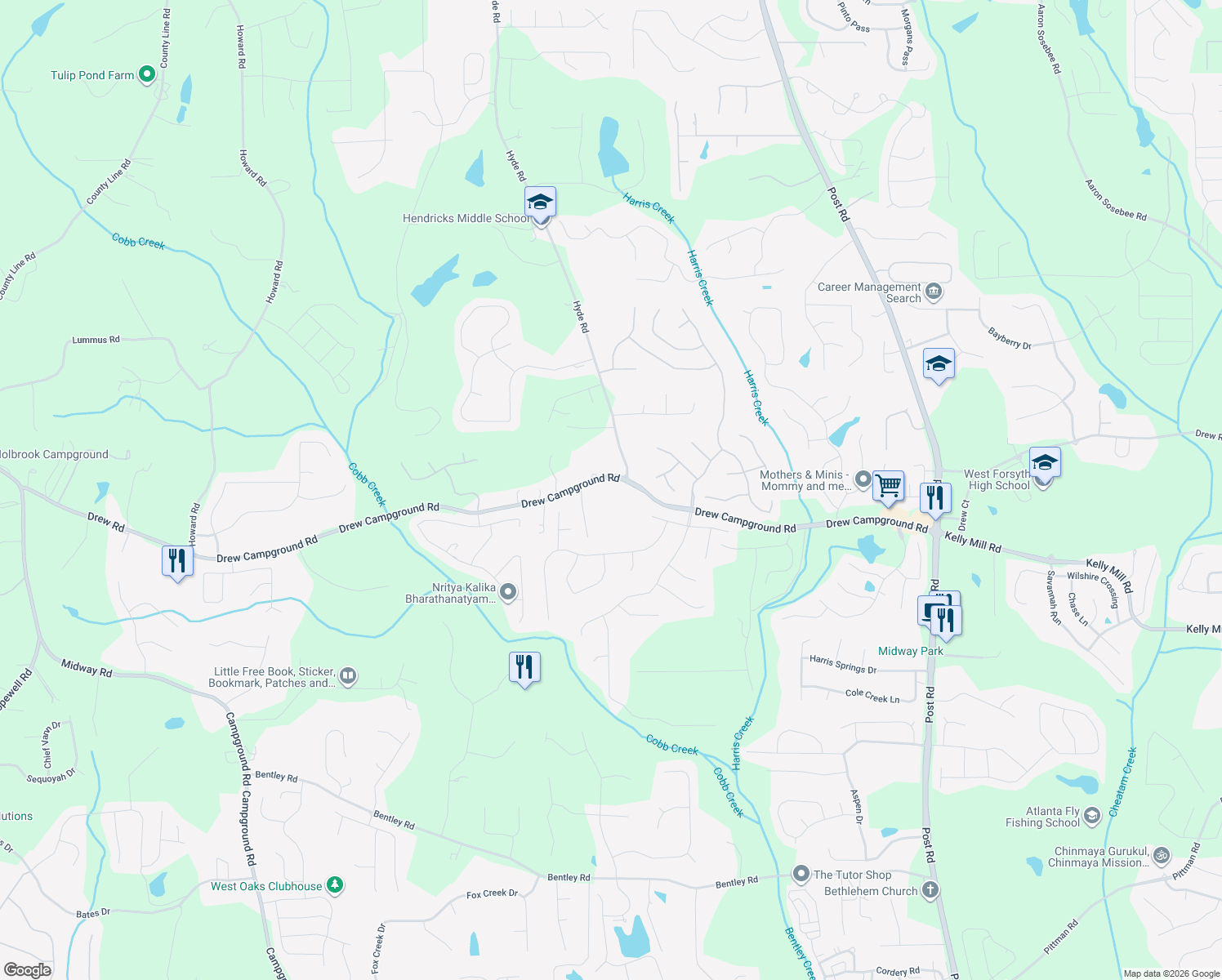 map of restaurants, bars, coffee shops, grocery stores, and more near 3835 Drew Campground Road in Cumming