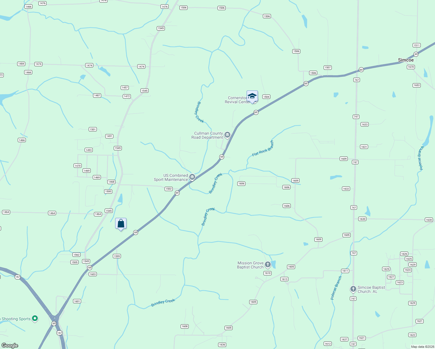 map of restaurants, bars, coffee shops, grocery stores, and more near 2522 Alabama 69 in Cullman