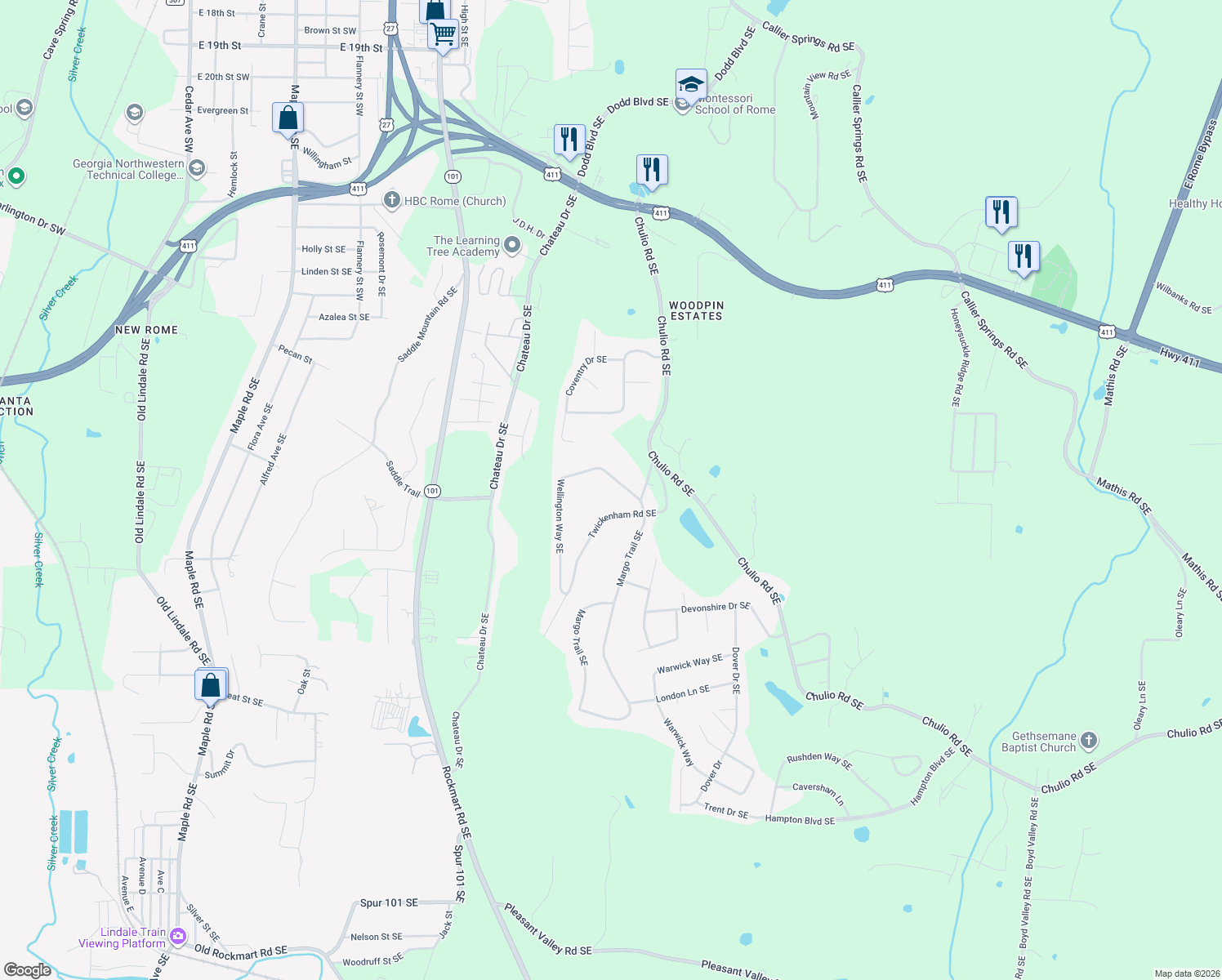 map of restaurants, bars, coffee shops, grocery stores, and more near 11 Wellington Way SE in Rome