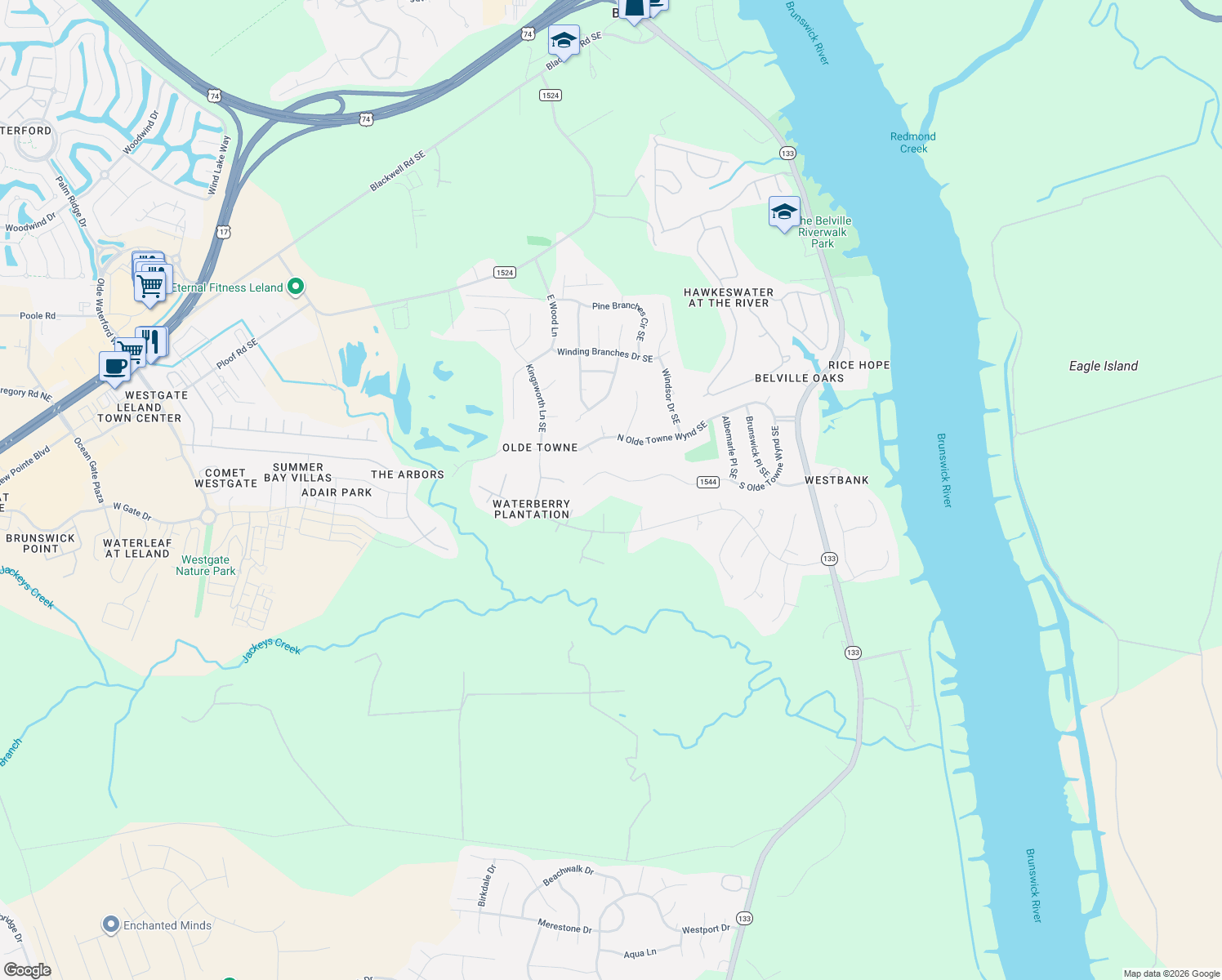map of restaurants, bars, coffee shops, grocery stores, and more near 10021 S Olde Towne Wynd Southeast in Leland