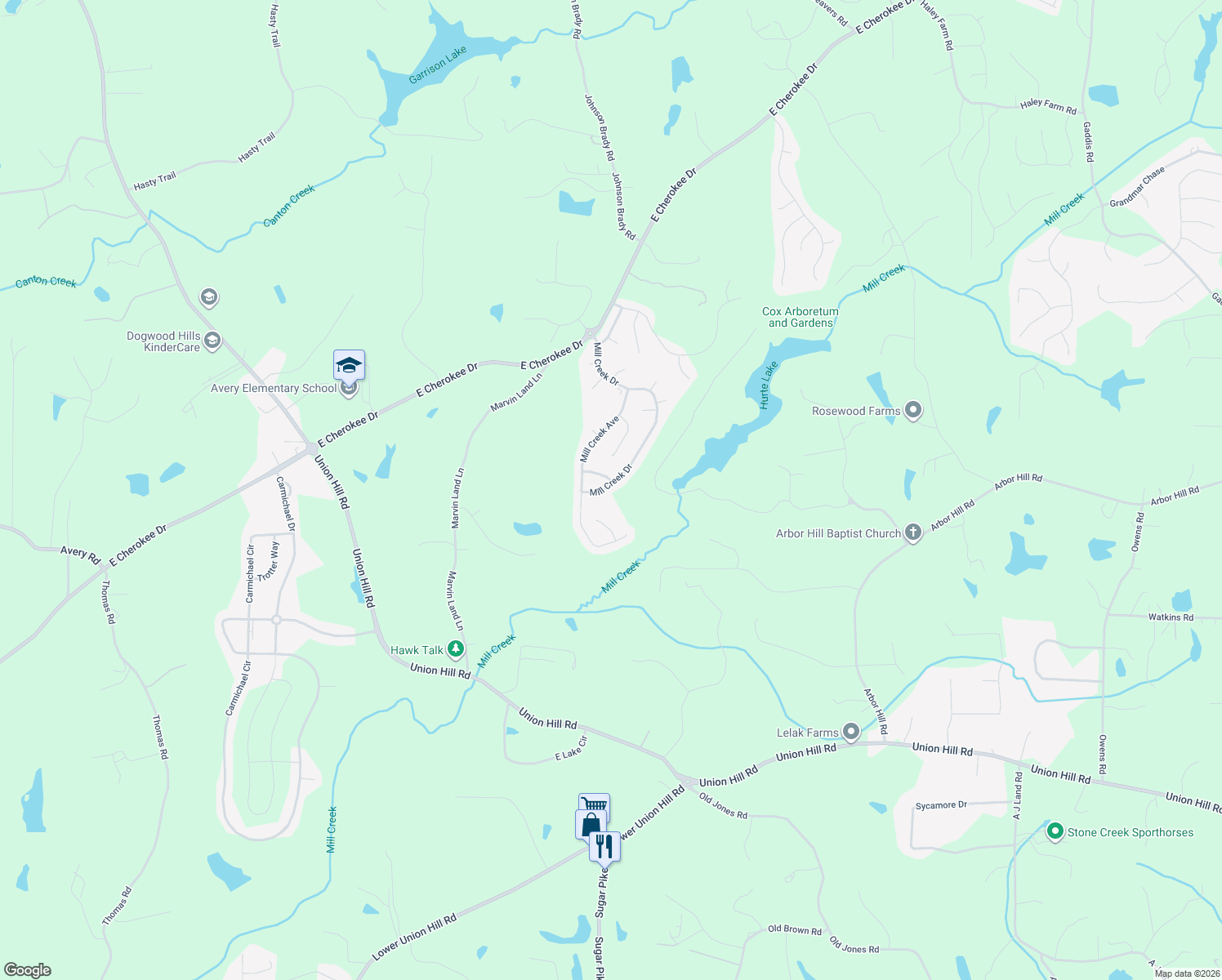 map of restaurants, bars, coffee shops, grocery stores, and more near 187 Mill Creek Drive in Canton