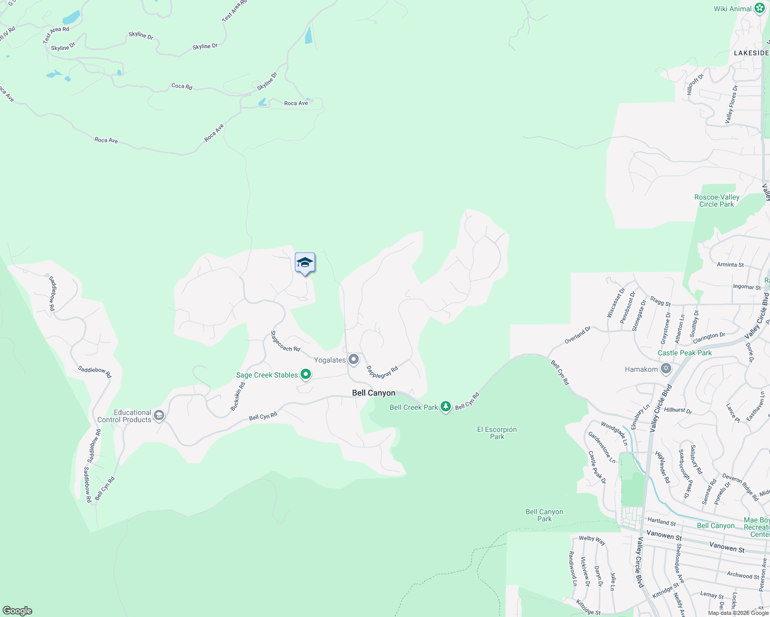 map of restaurants, bars, coffee shops, grocery stores, and more near 73 Dapplegray Road in Bell Canyon
