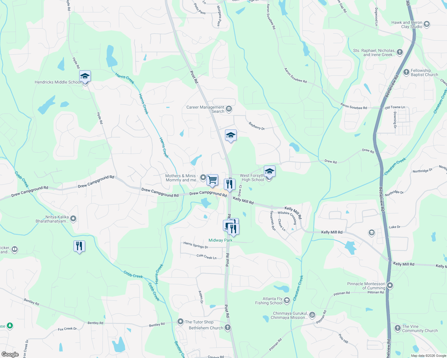 map of restaurants, bars, coffee shops, grocery stores, and more near 4930 Carriage Bridge Lane in Cumming