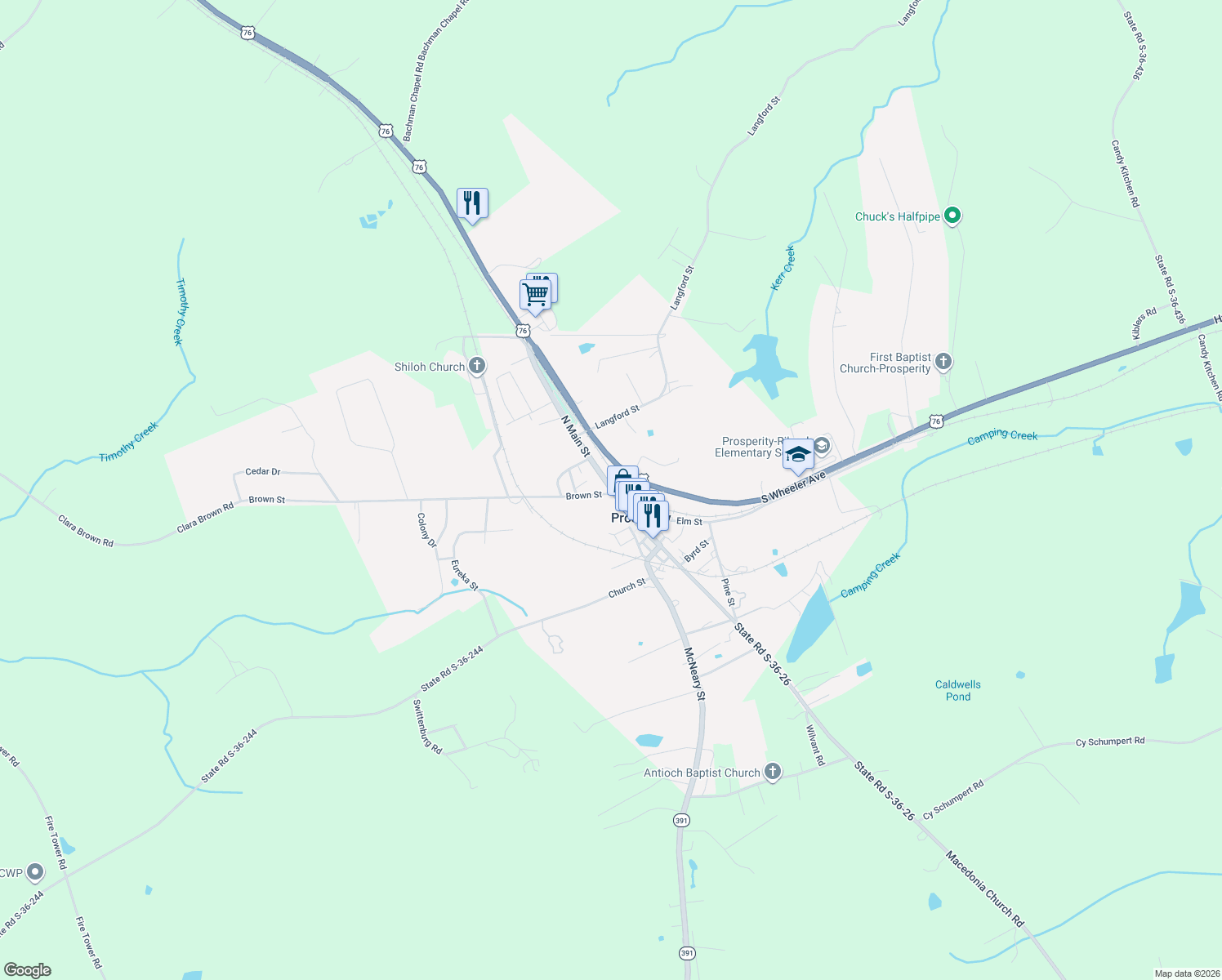 map of restaurants, bars, coffee shops, grocery stores, and more near 207 North Main Street in Prosperity