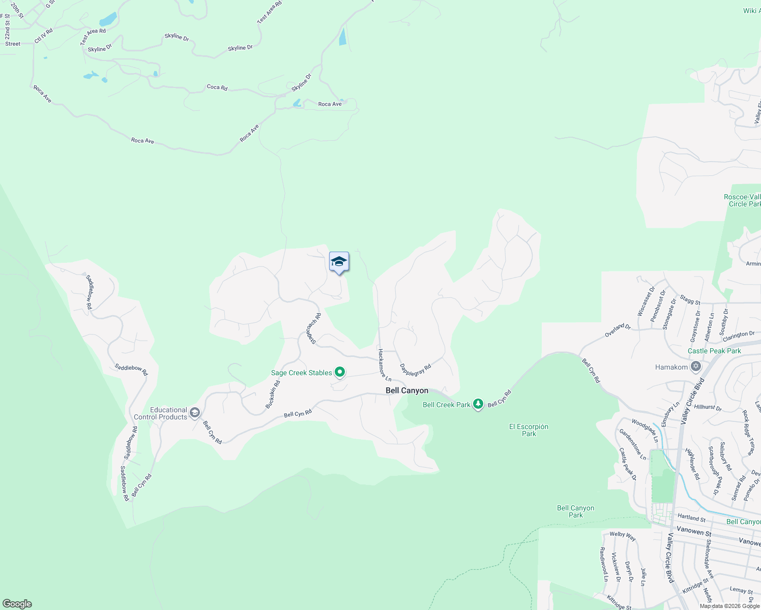 map of restaurants, bars, coffee shops, grocery stores, and more near 60 Hackamore Lane in Bell Canyon