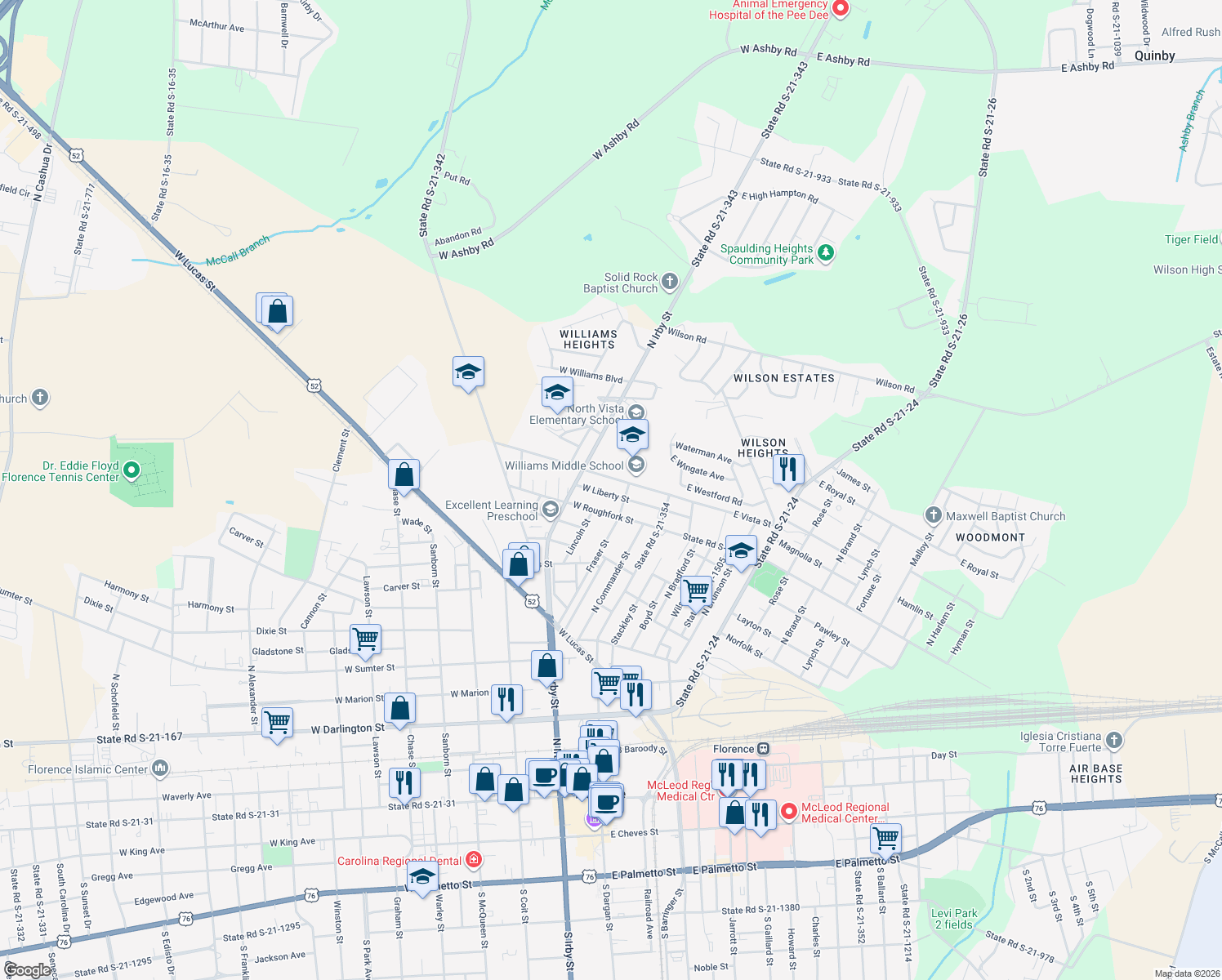 map of restaurants, bars, coffee shops, grocery stores, and more near 309 West Liberty Street in Florence
