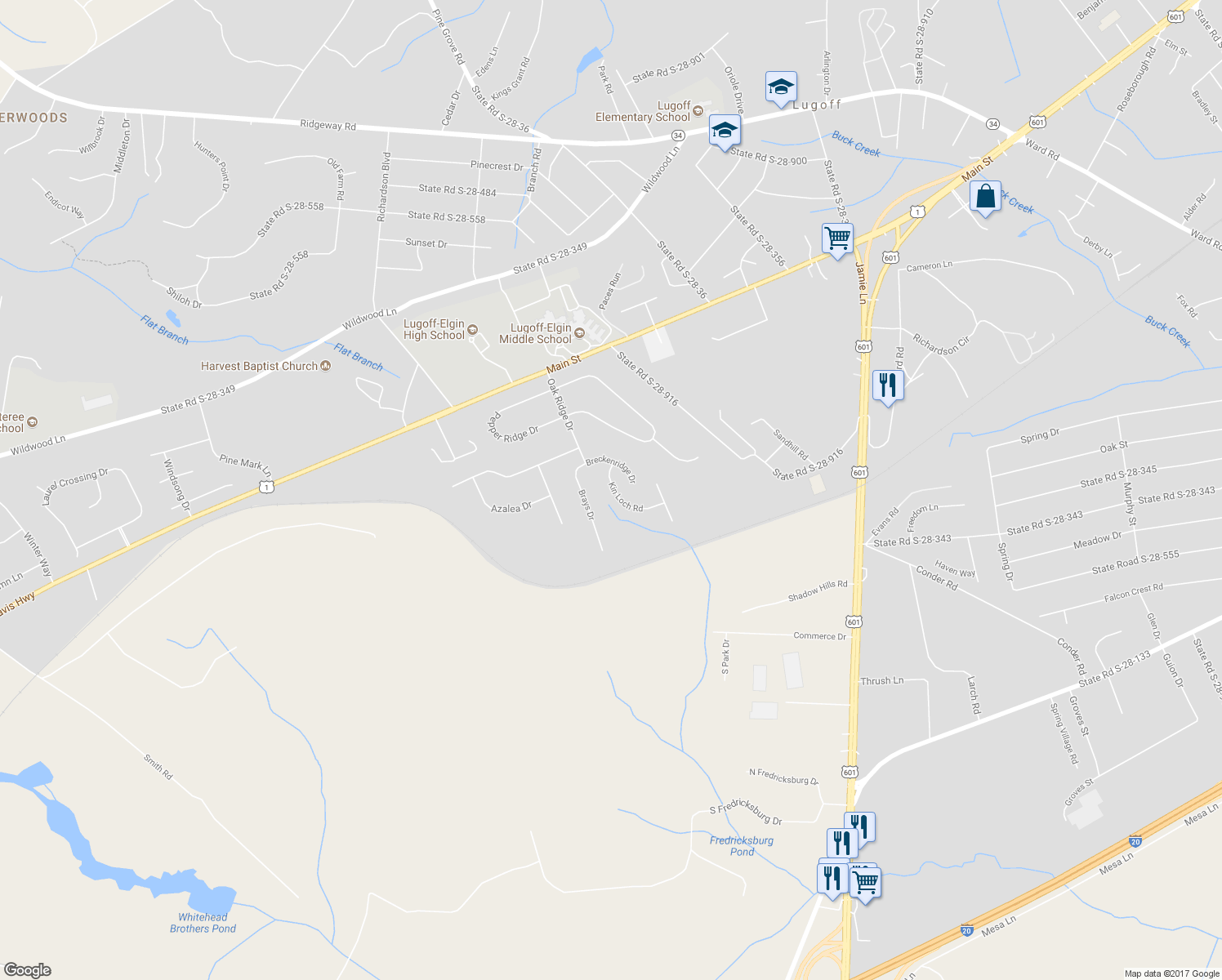 map of restaurants, bars, coffee shops, grocery stores, and more near 17 Kin Loch Road in Lugoff