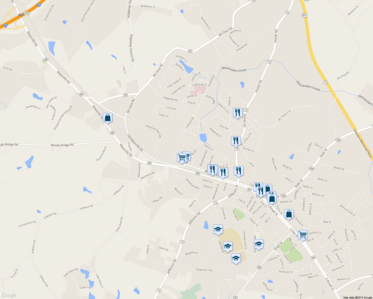 map of restaurants, bars, coffee shops, grocery stores, and more near 364 Orchard Circle in Commerce
