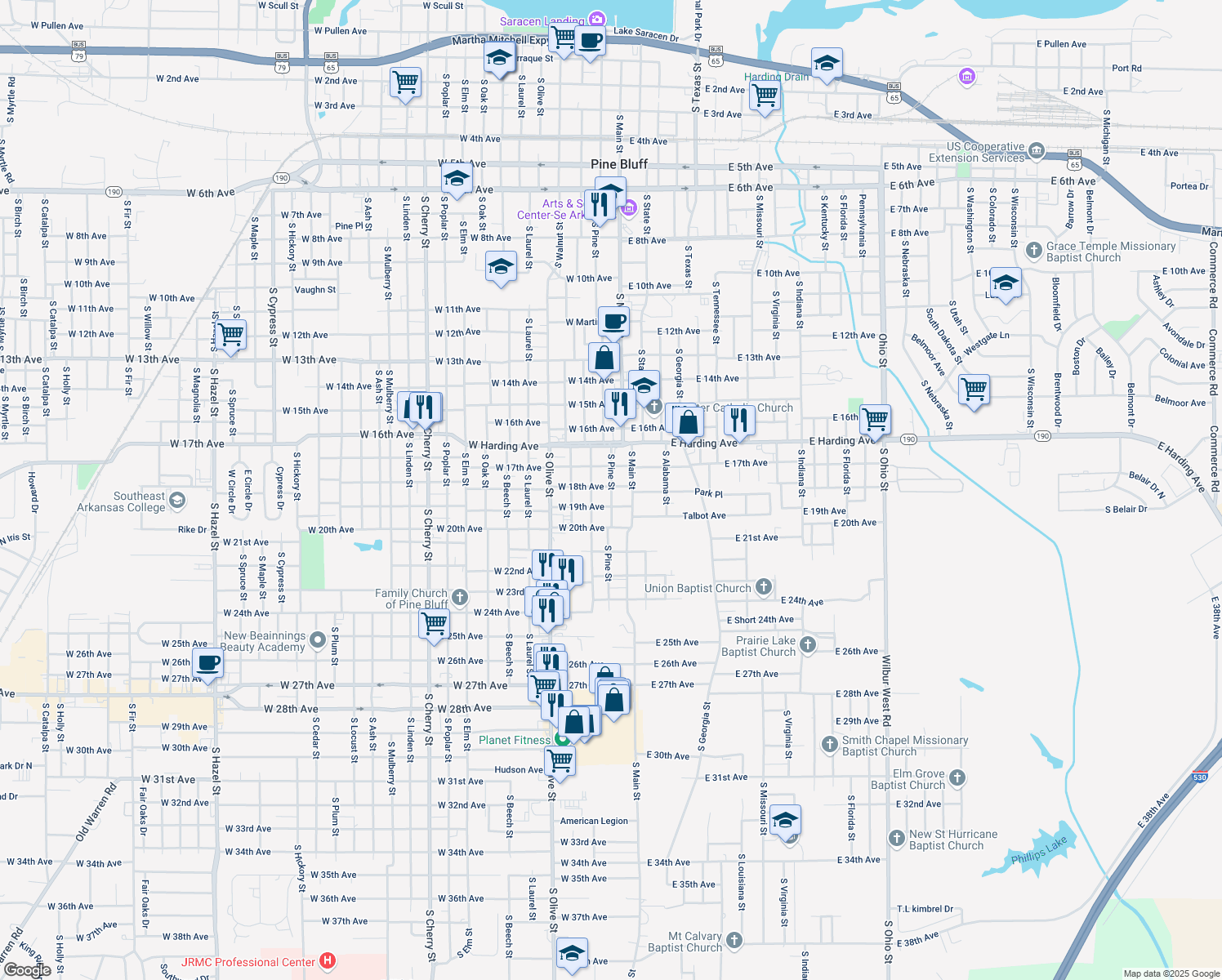 map of restaurants, bars, coffee shops, grocery stores, and more near 1814 South Pine Street in Pine Bluff