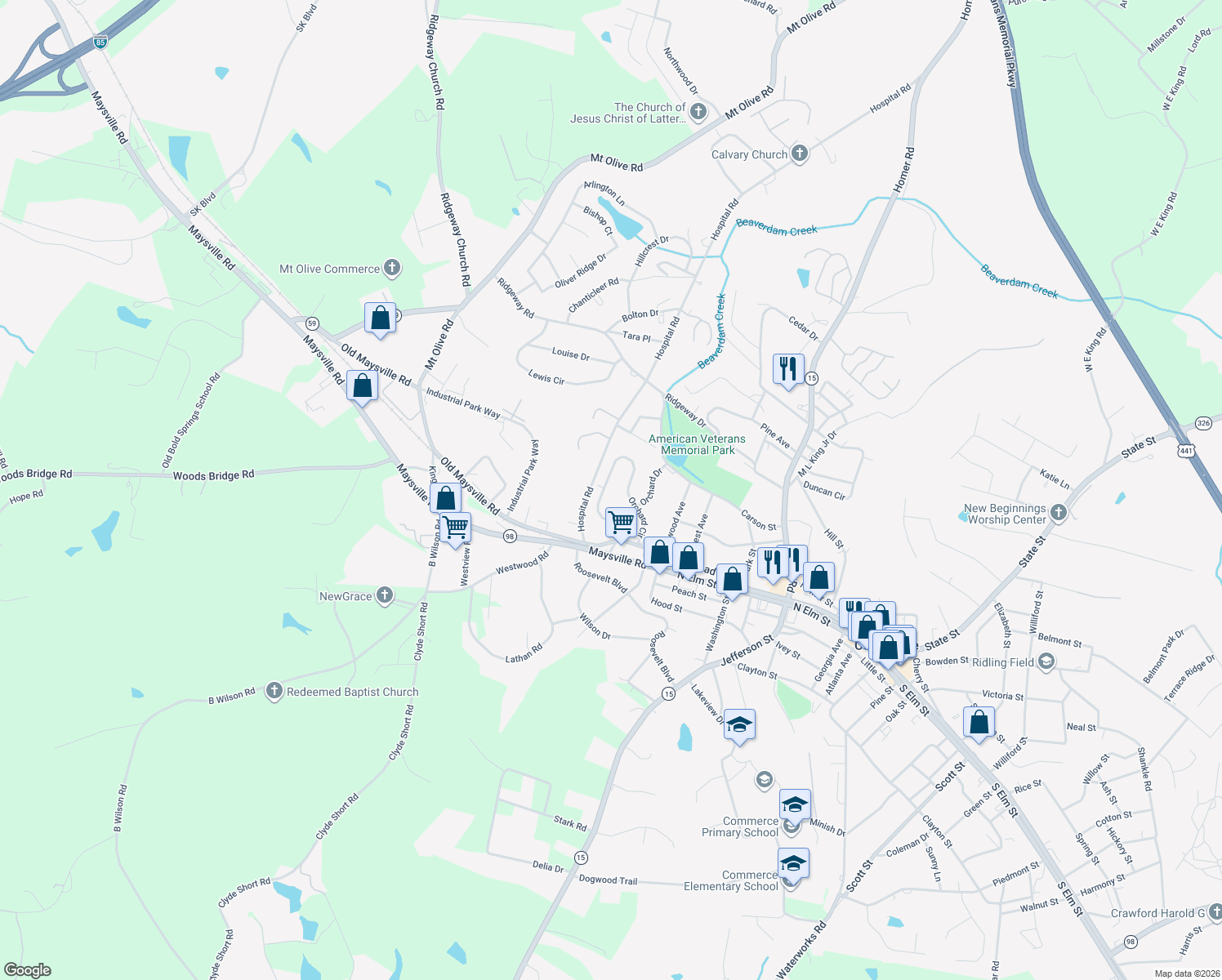 map of restaurants, bars, coffee shops, grocery stores, and more near 136 Orchard Circle in Commerce
