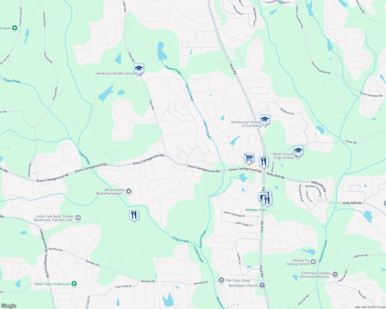 map of restaurants, bars, coffee shops, grocery stores, and more near 3830 Balas St in Cumming