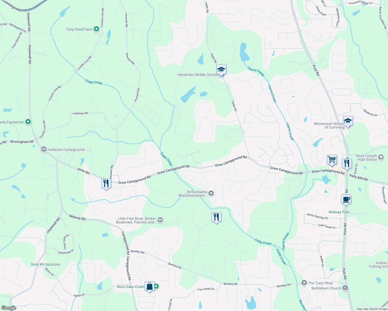 map of restaurants, bars, coffee shops, grocery stores, and more near 4220 Tivoli Way in Alpharetta