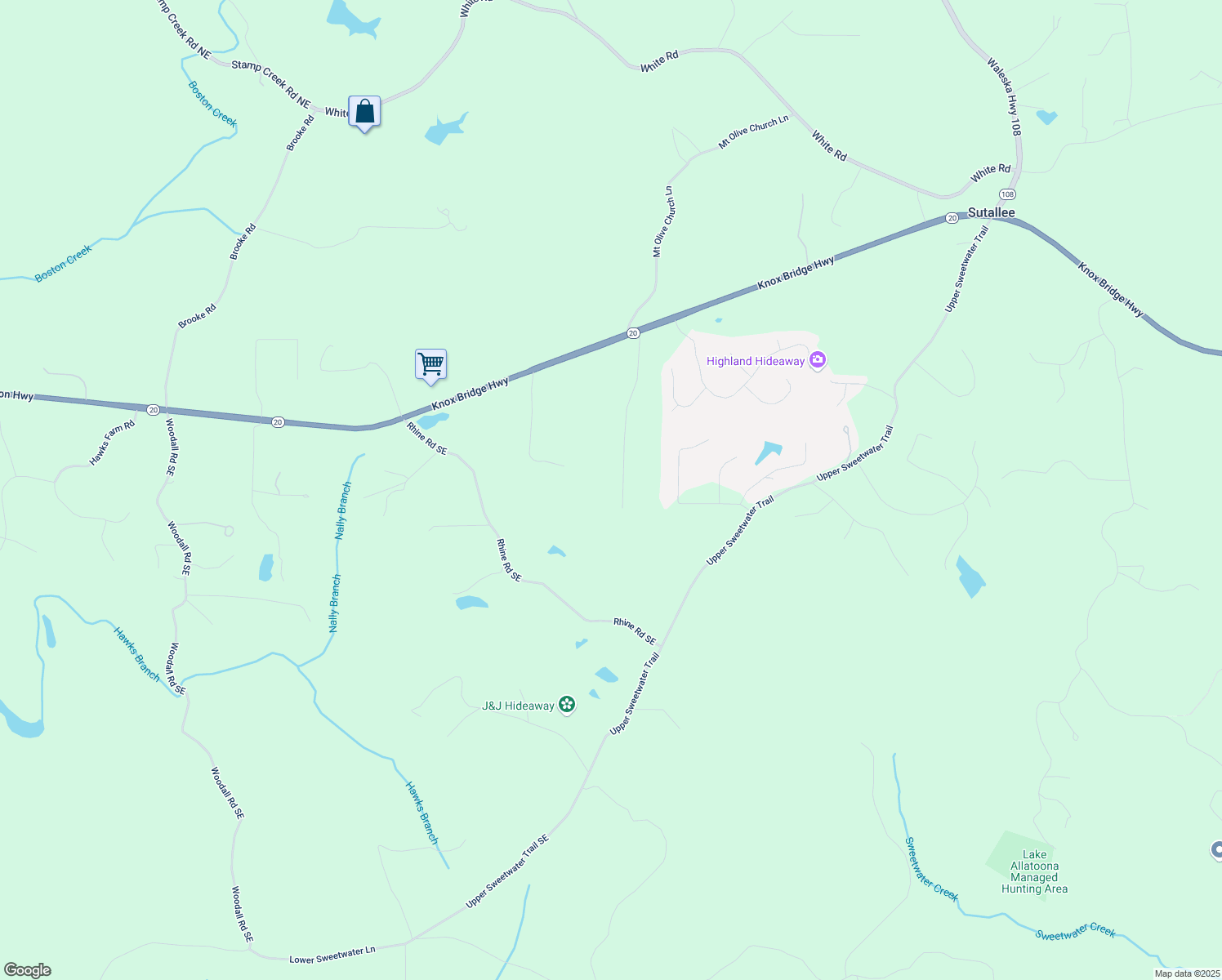 map of restaurants, bars, coffee shops, grocery stores, and more near 623 Peachtree Drive in White