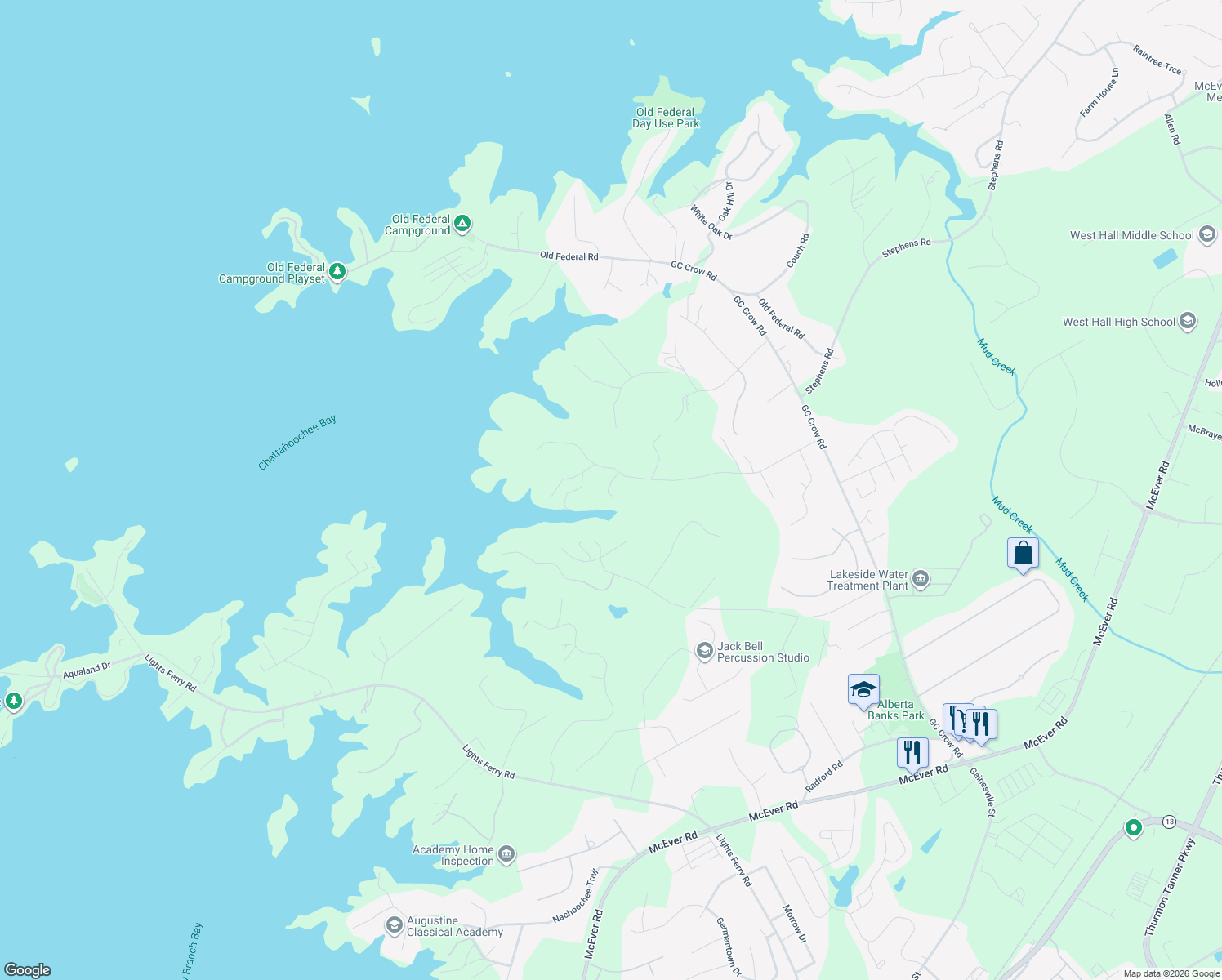 map of restaurants, bars, coffee shops, grocery stores, and more near 5963 Overby Road in Flowery Branch