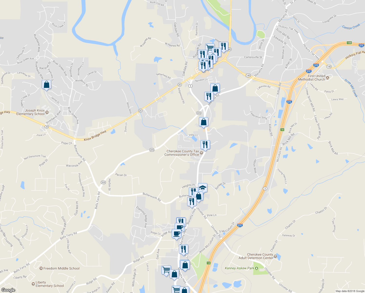 map of restaurants, bars, coffee shops, grocery stores, and more near 228 Woodland Way in Canton