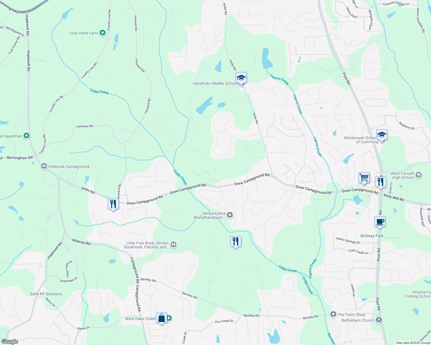 map of restaurants, bars, coffee shops, grocery stores, and more near 4310 Tivoli Way in Alpharetta
